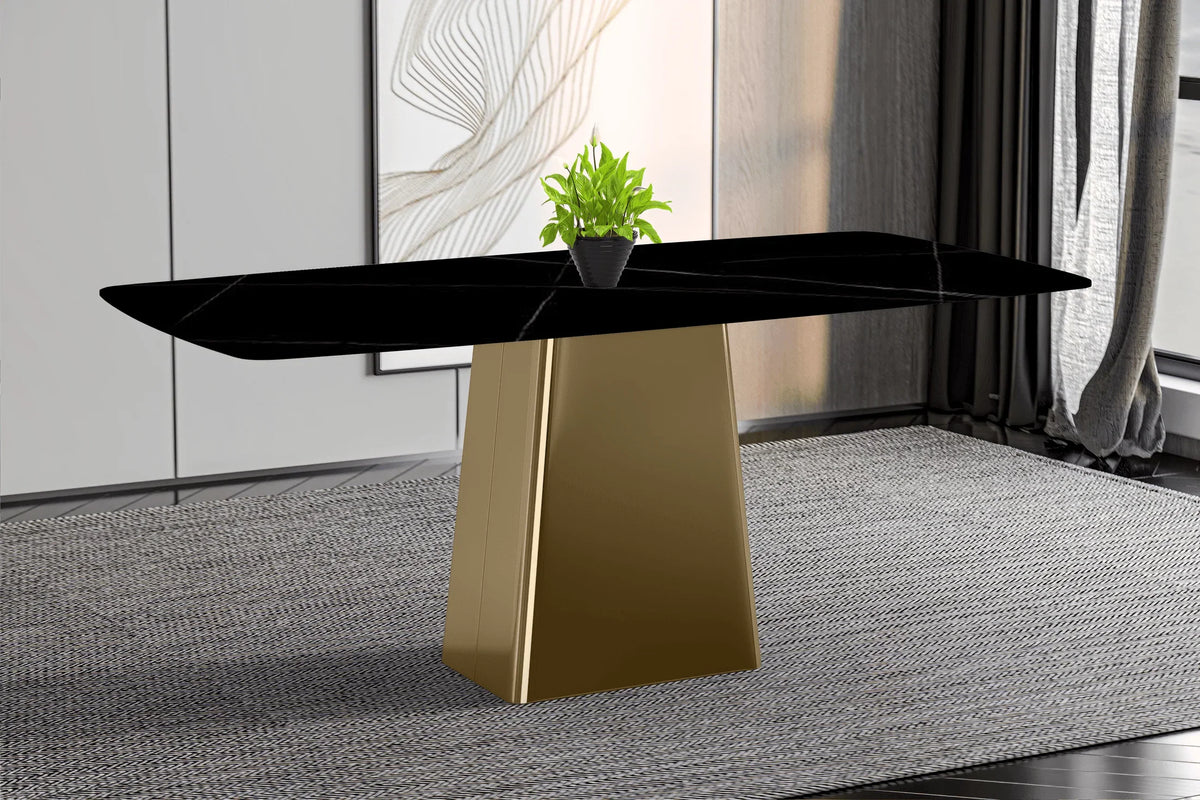 Quinix Rectangular Dining Table with Sintered Stone or Glass Rectangular Top and Gold Stainless Steel Base - Elax Furniture