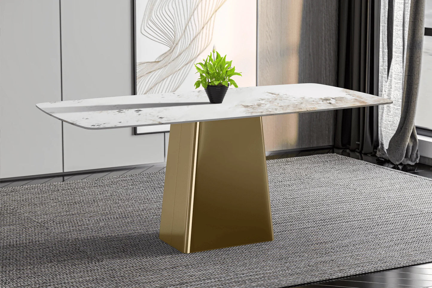 Quinix Rectangular Dining Table with Sintered Stone or Glass Rectangular Top and Gold Stainless Steel Base - Elax Furniture