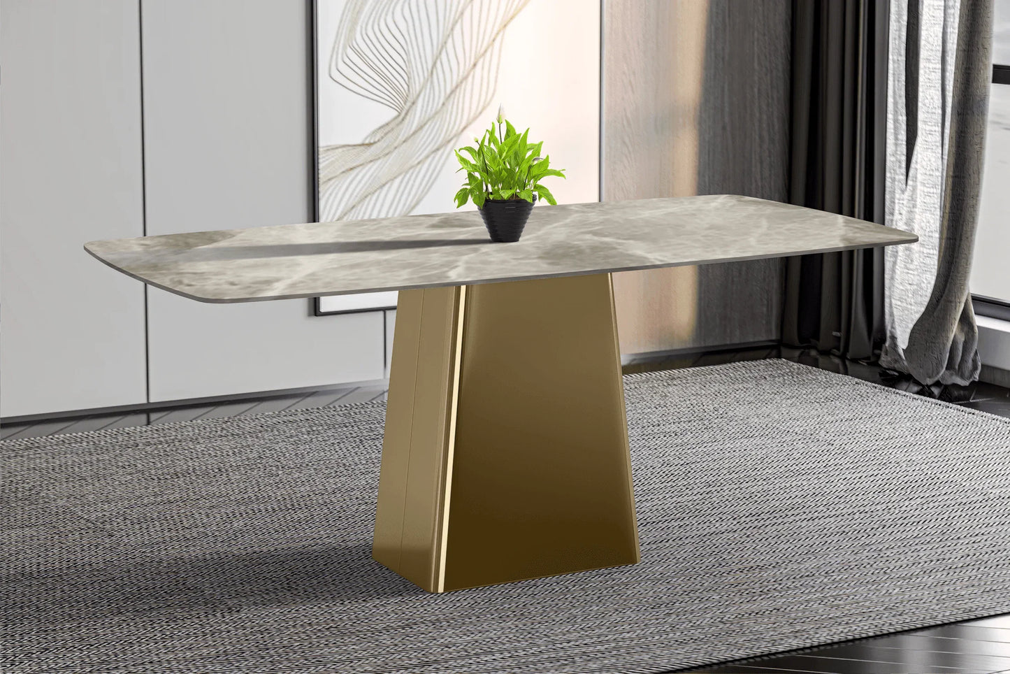 Quinix Rectangular Dining Table with Sintered Stone or Glass Rectangular Top and Gold Stainless Steel Base - Elax Furniture