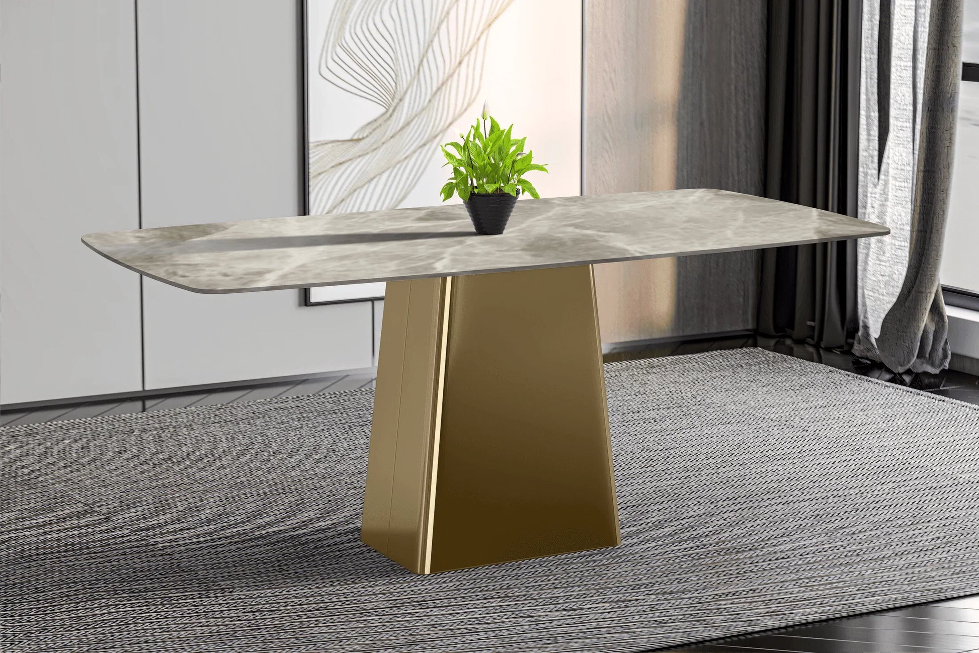 Quinix Rectangular Dining Table with Sintered Stone or Glass Rectangular Top and Gold Stainless Steel Base - Elax Furniture