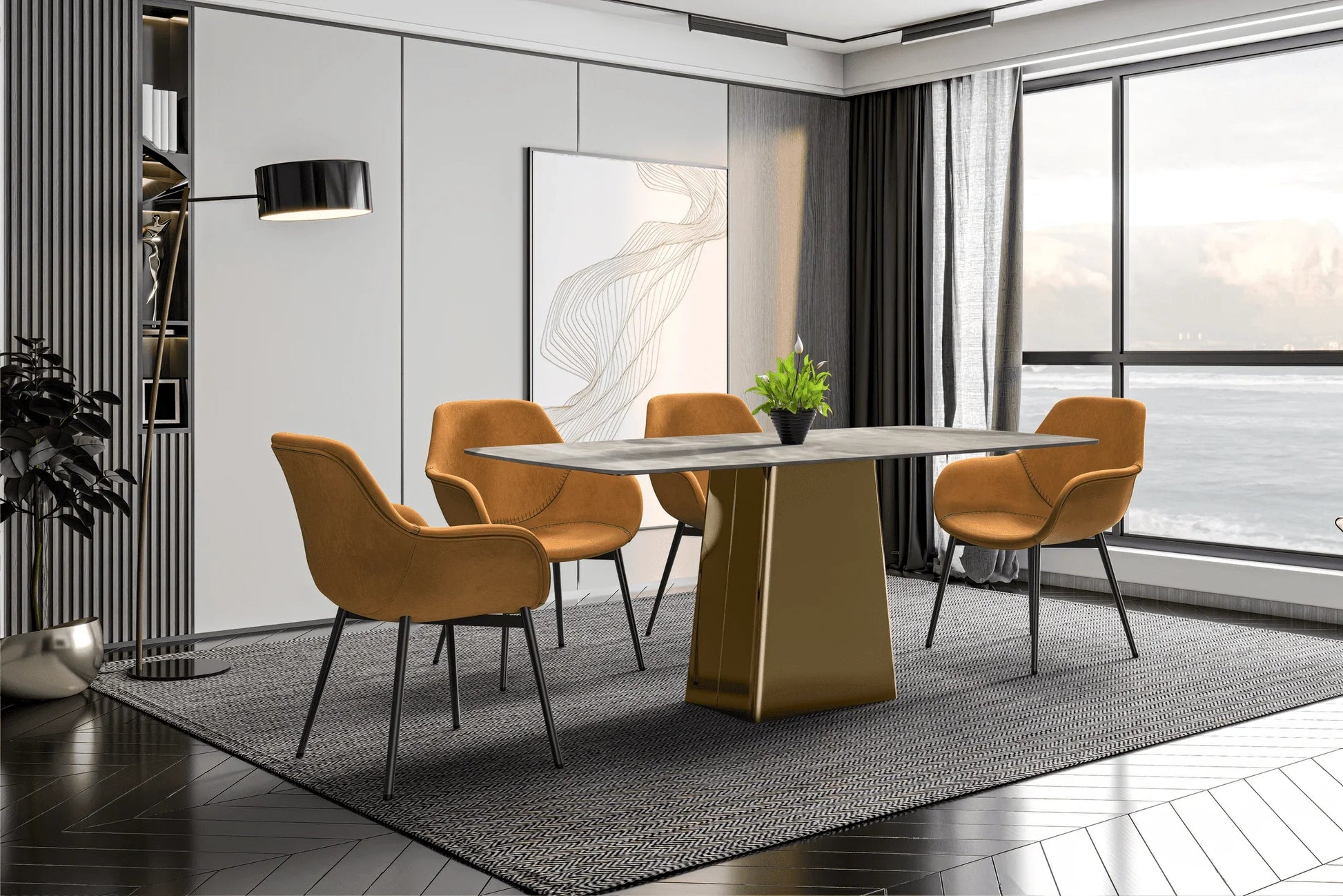 Quinix Rectangular Dining Table with Sintered Stone or Glass Rectangular Top and Gold Stainless Steel Base - Elax Furniture