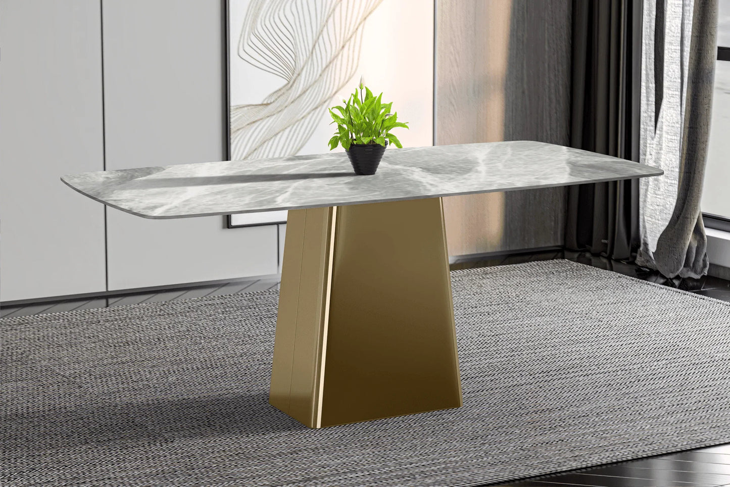 Quinix Rectangular Dining Table with Sintered Stone or Glass Rectangular Top and Gold Stainless Steel Base - Elax Furniture