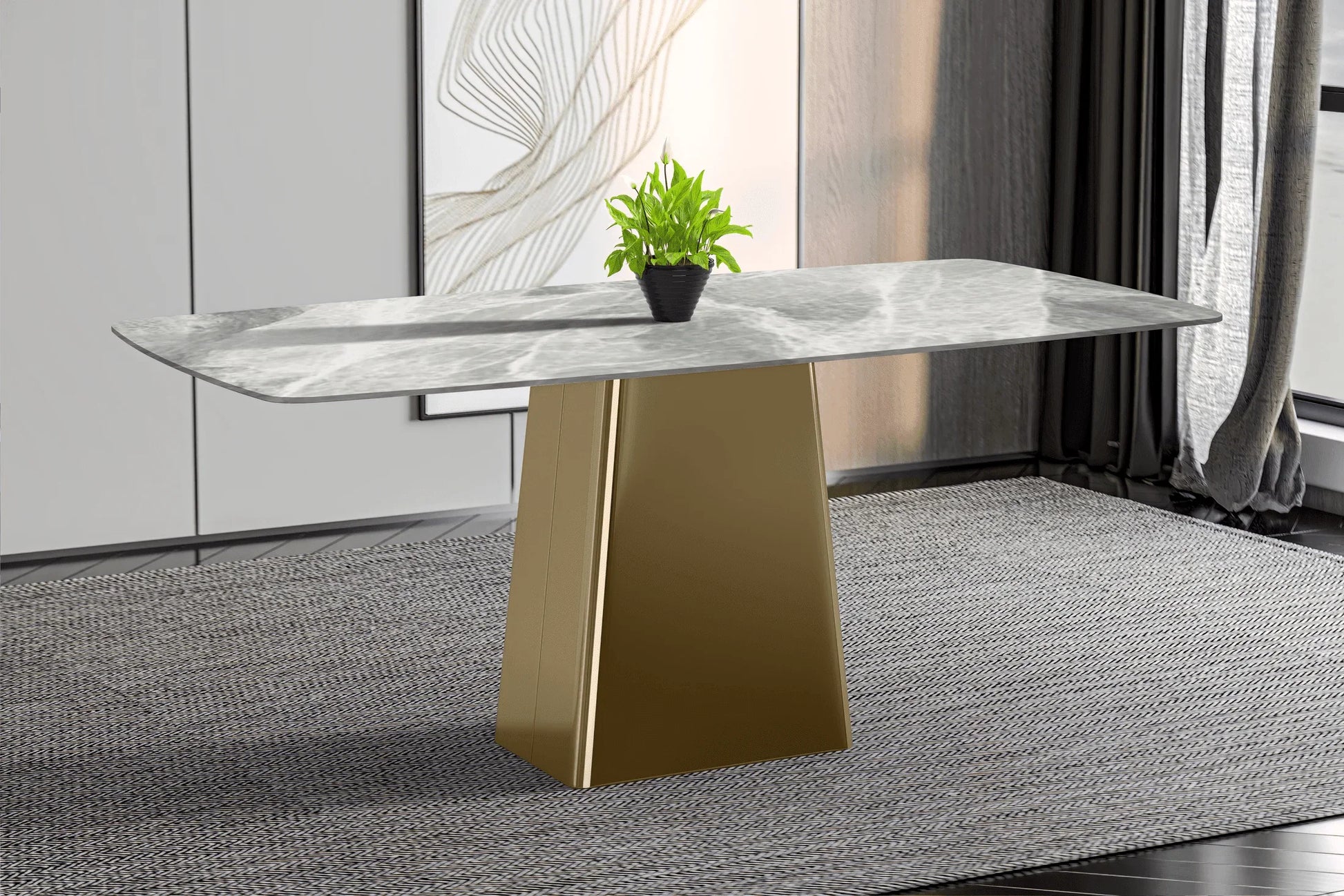 Quinix Rectangular Dining Table with Sintered Stone or Glass Rectangular Top and Gold Stainless Steel Base - Elax Furniture