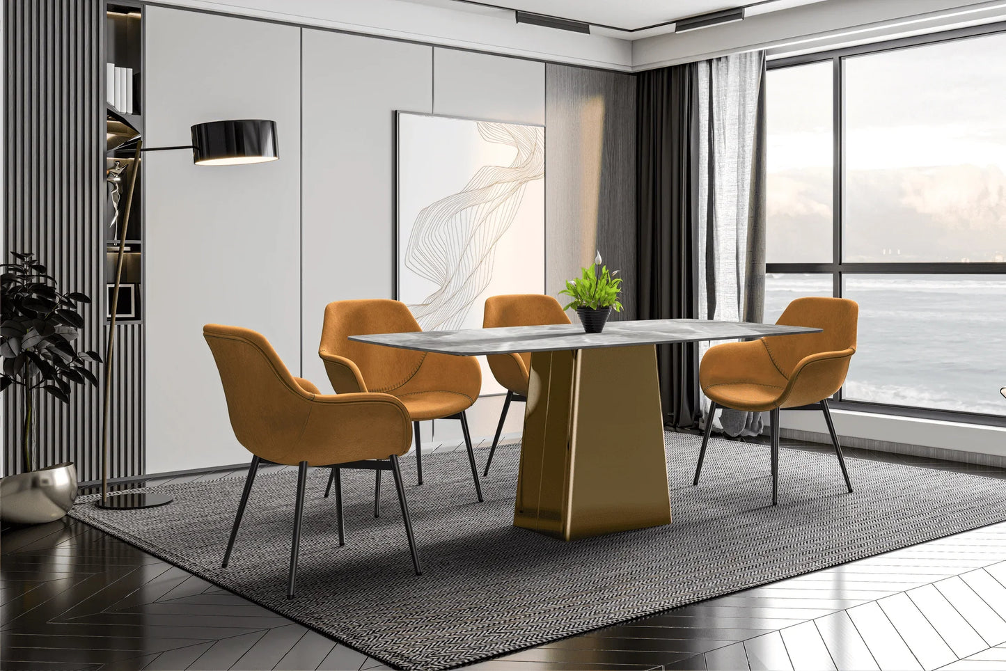 Quinix Rectangular Dining Table with Sintered Stone or Glass Rectangular Top and Gold Stainless Steel Base - Elax Furniture