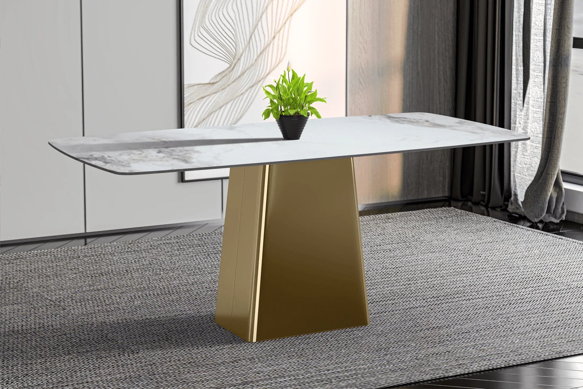 Quinix Rectangular Dining Table with Sintered Stone or Glass Rectangular Top and Gold Stainless Steel Base - Elax Furniture