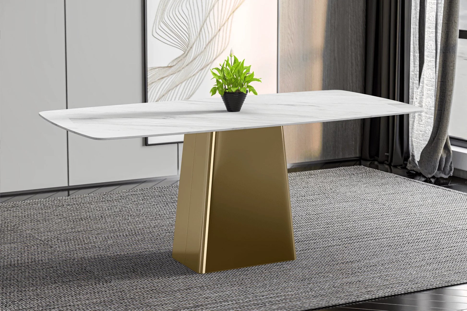 Quinix Rectangular Dining Table with Sintered Stone or Glass Rectangular Top and Gold Stainless Steel Base - Elax Furniture