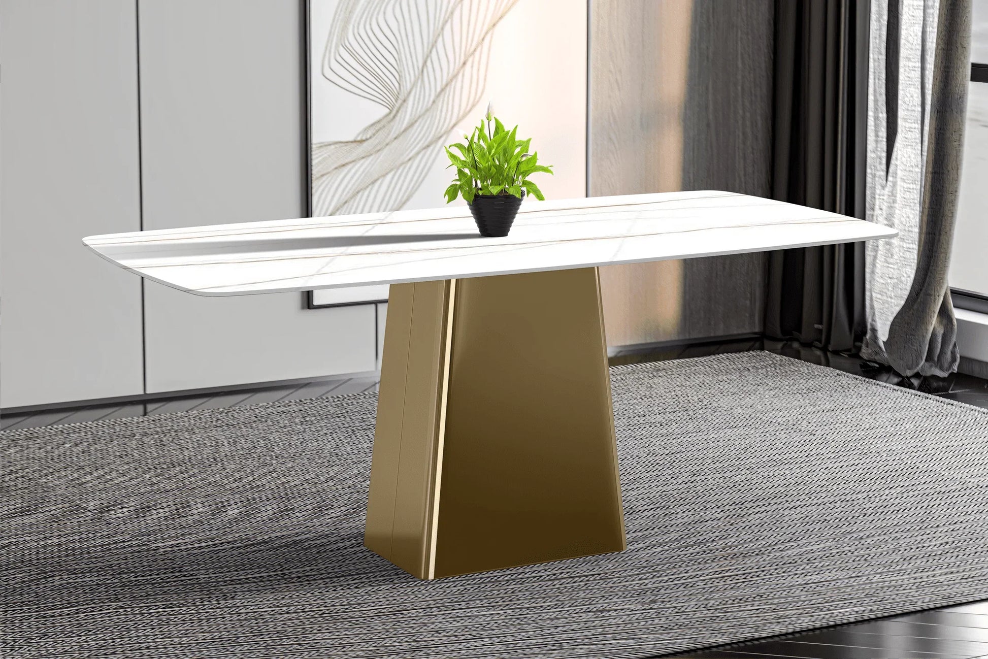 Quinix Rectangular Dining Table with Sintered Stone or Glass Rectangular Top and Gold Stainless Steel Base - Elax Furniture