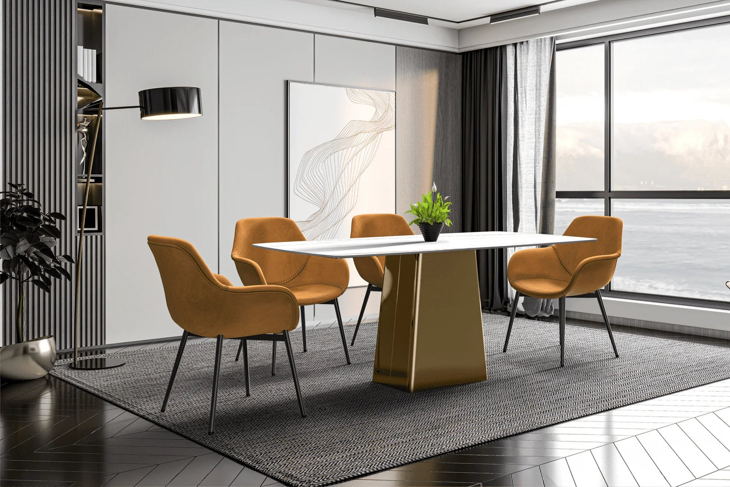 Quinix Rectangular Dining Table with Sintered Stone or Glass Rectangular Top and Gold Stainless Steel Base - Elax Furniture