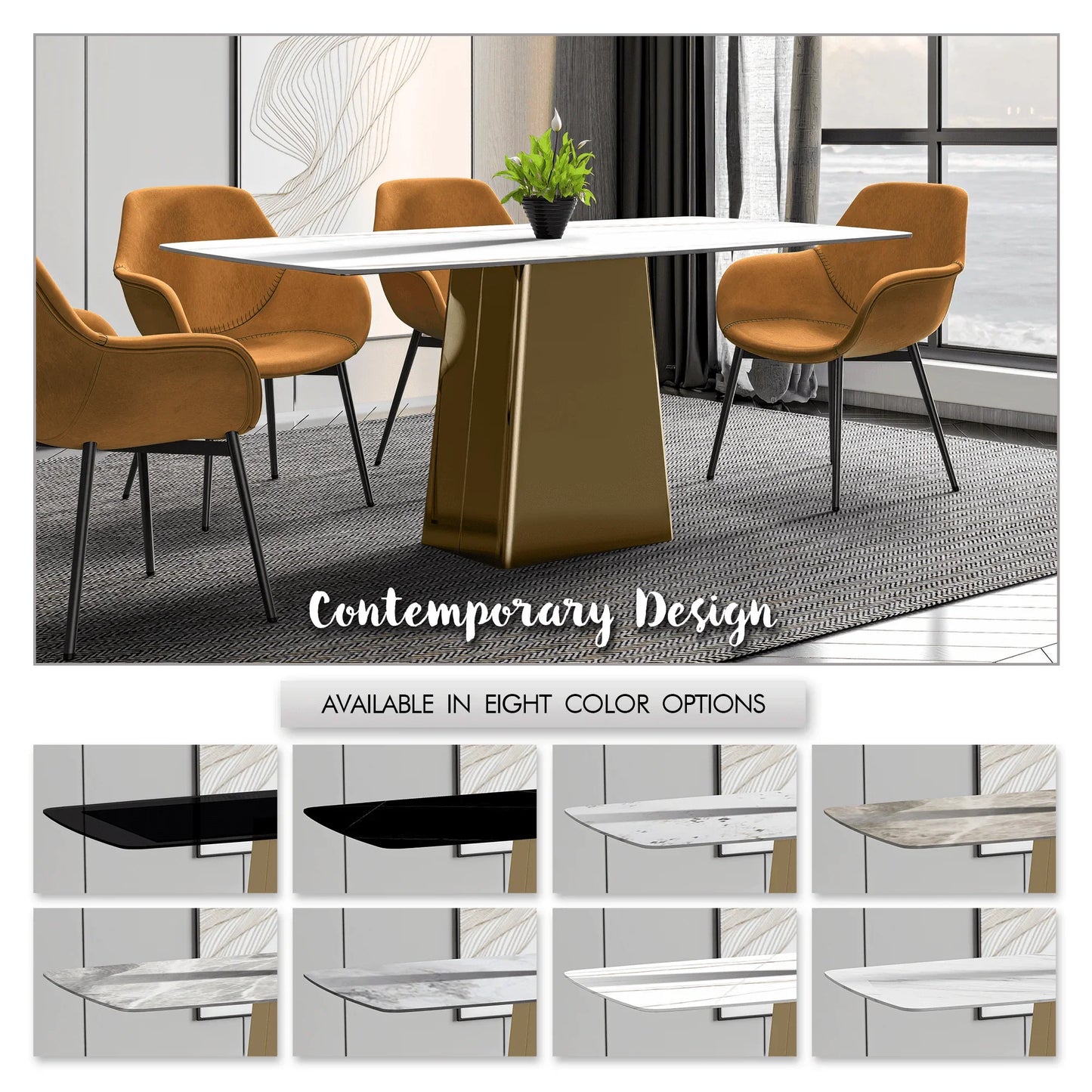 Quinix Rectangular Dining Table with Sintered Stone or Glass Rectangular Top and Gold Stainless Steel Base - Elax Furniture