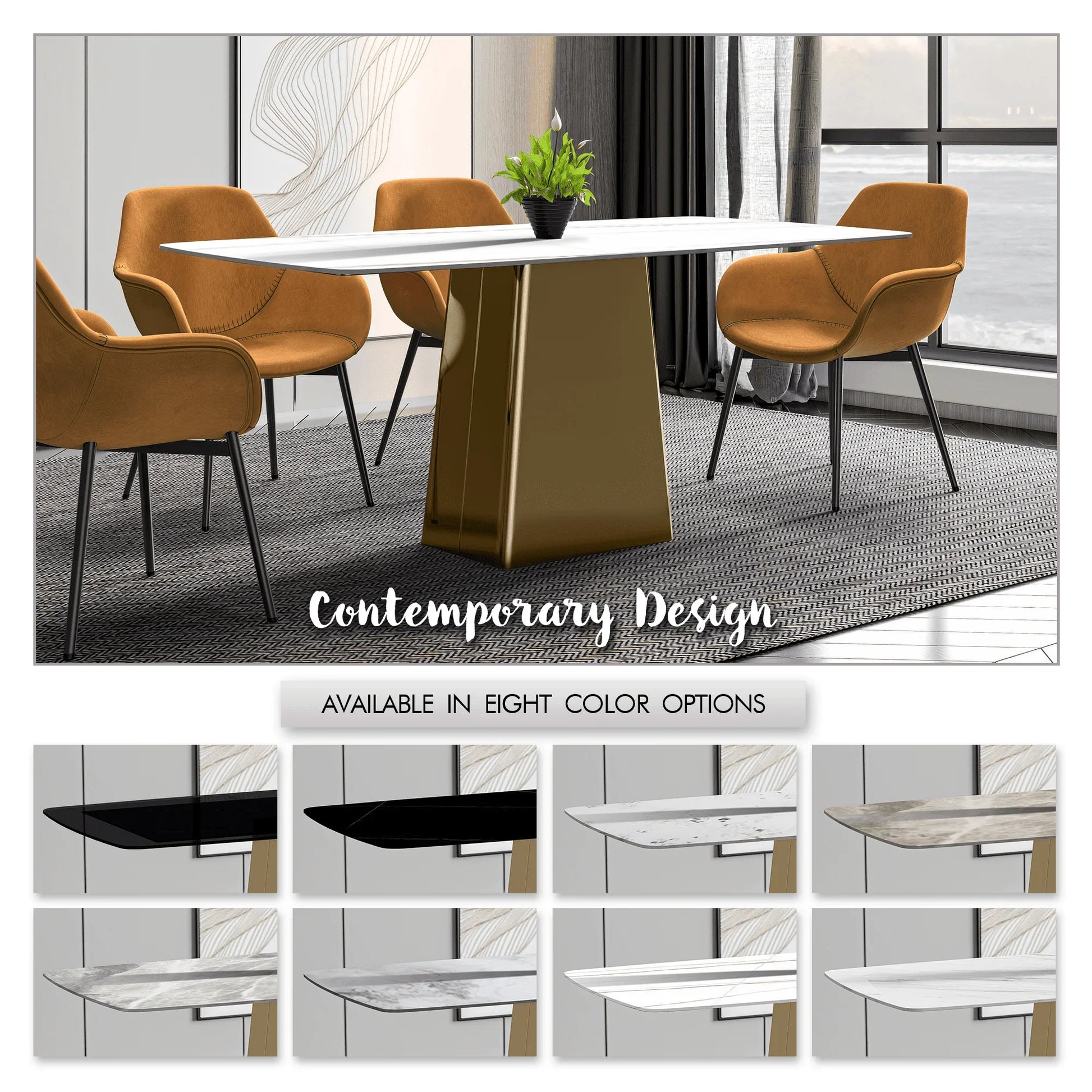 Quinix Rectangular Dining Table with Sintered Stone or Glass Rectangular Top and Gold Stainless Steel Base - Elax Furniture