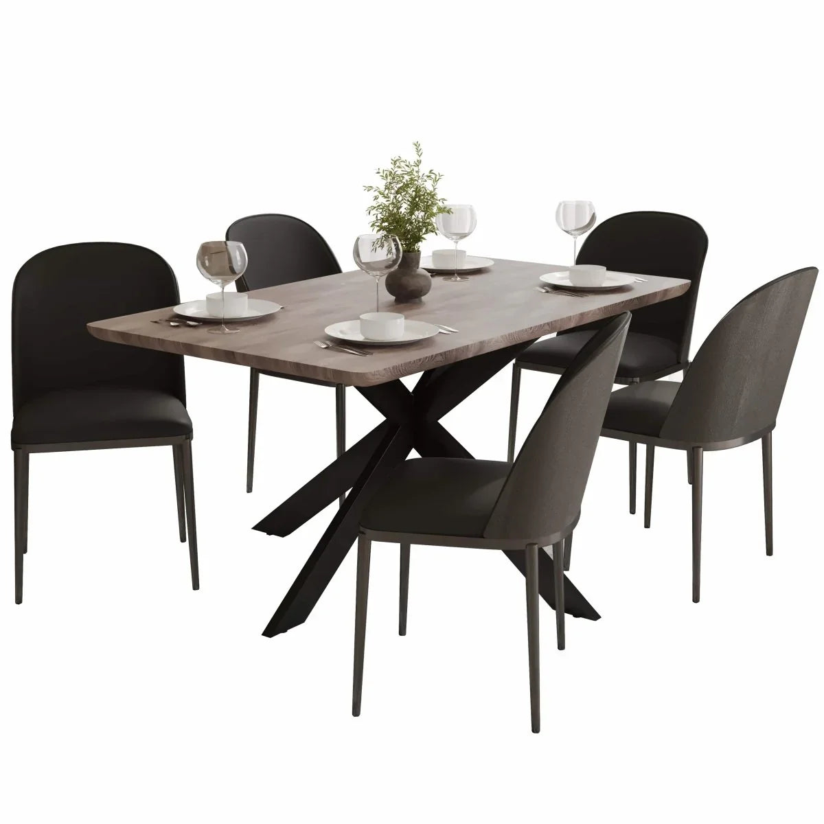 Ravenna 6-Piece Dining Set with 63" Rectangular Dining Table in Rustic Grey and 5 Leather Dining Chairs - Elax Furniture