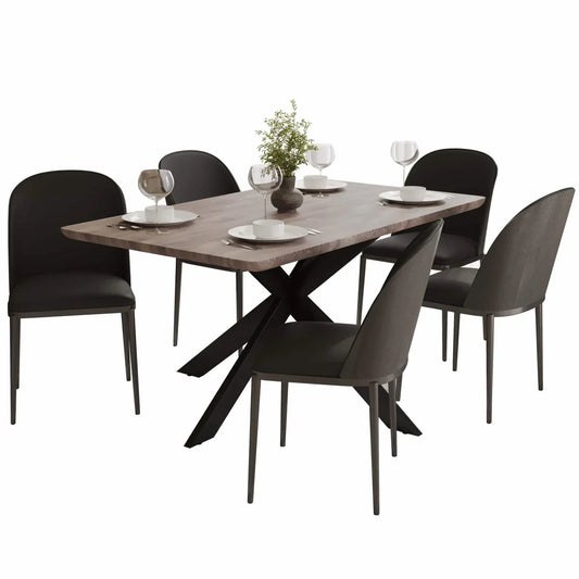 Ravenna 6-Piece Dining Set with 63" Rectangular Dining Table in Rustic Grey and 5 Leather Dining Chairs - Elax Furniture