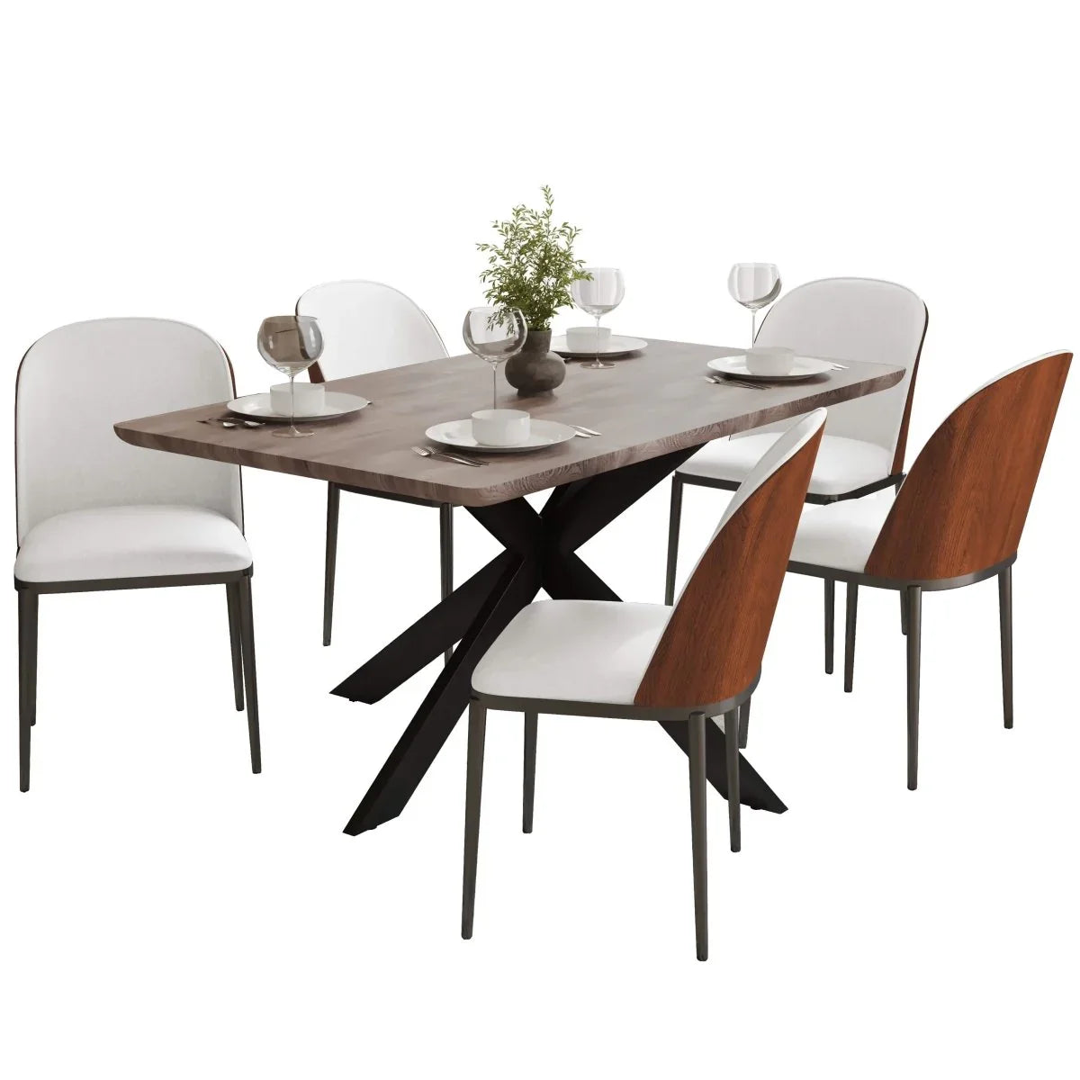 Ravenna 6-Piece Dining Set with 63" Rectangular Dining Table in Rustic Grey and 5 Leather Dining Chairs - Elax Furniture