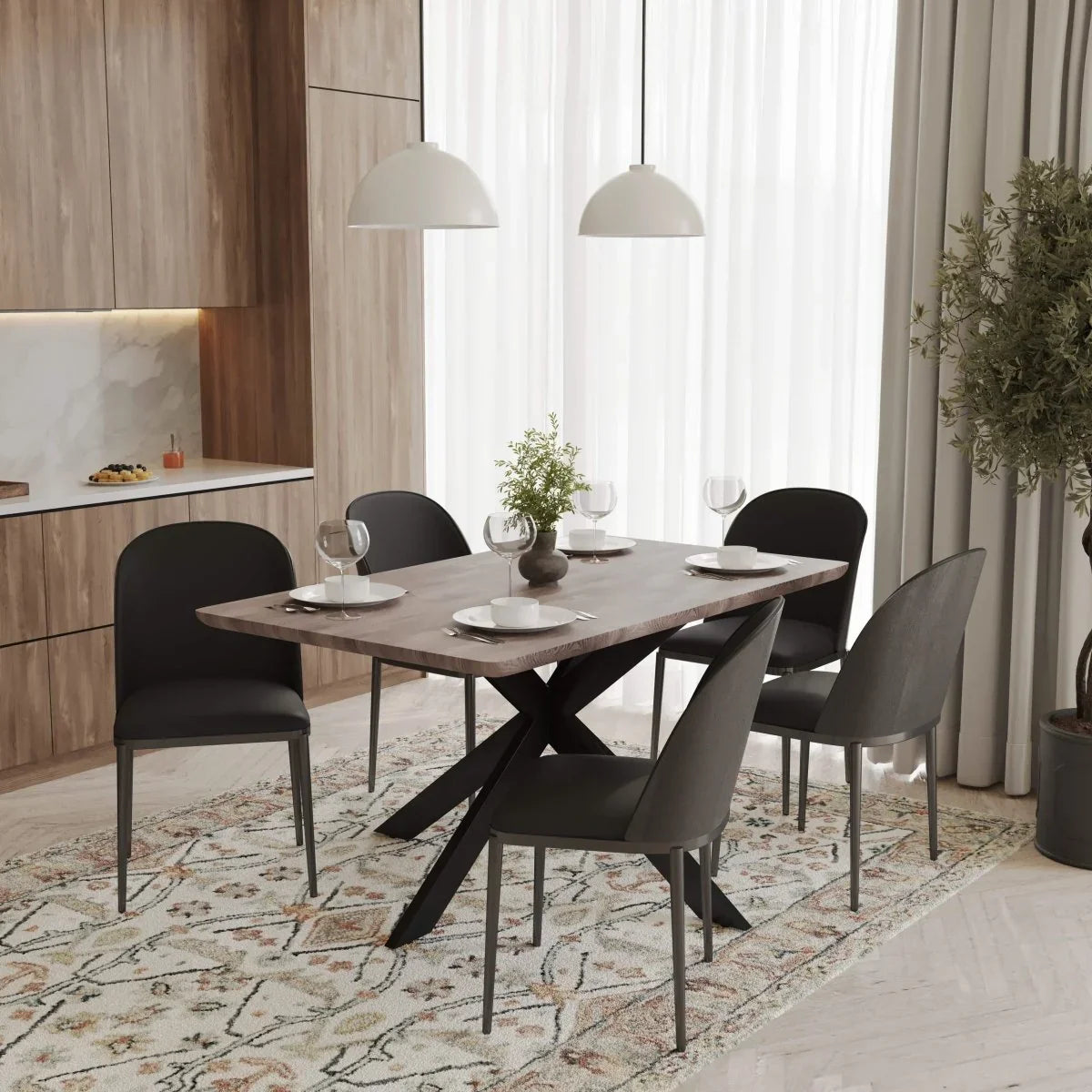 Ravenna 6-Piece Dining Set with 63" Rectangular Dining Table in Rustic Grey and 5 Leather Dining Chairs - Elax Furniture