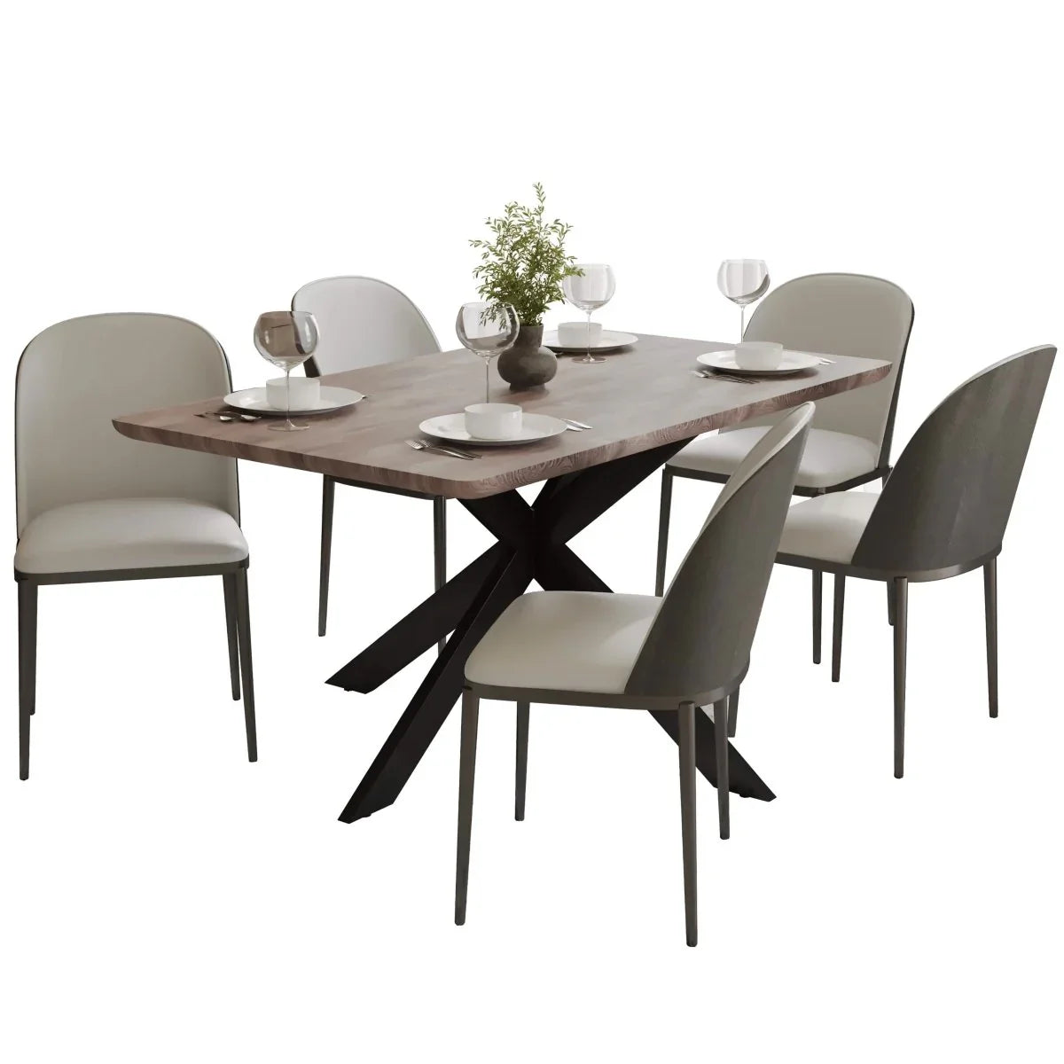 Ravenna 6-Piece Dining Set with 63" Rectangular Dining Table in Rustic Grey and 5 Leather Dining Chairs - Elax Furniture