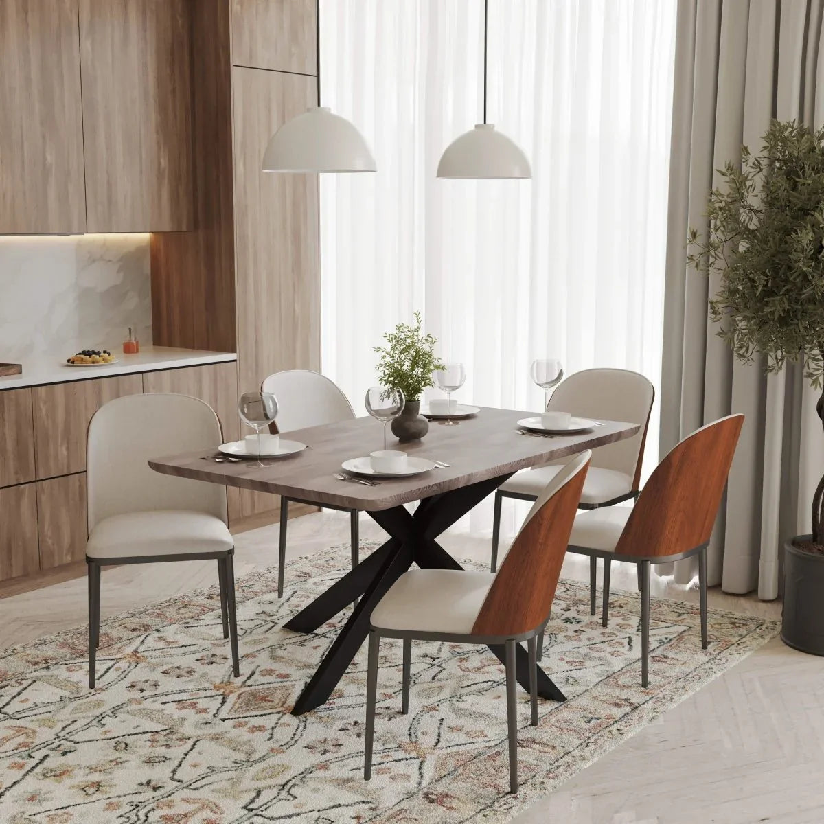 Ravenna 6-Piece Dining Set with 63" Rectangular Dining Table in Rustic Grey and 5 Leather Dining Chairs - Elax Furniture