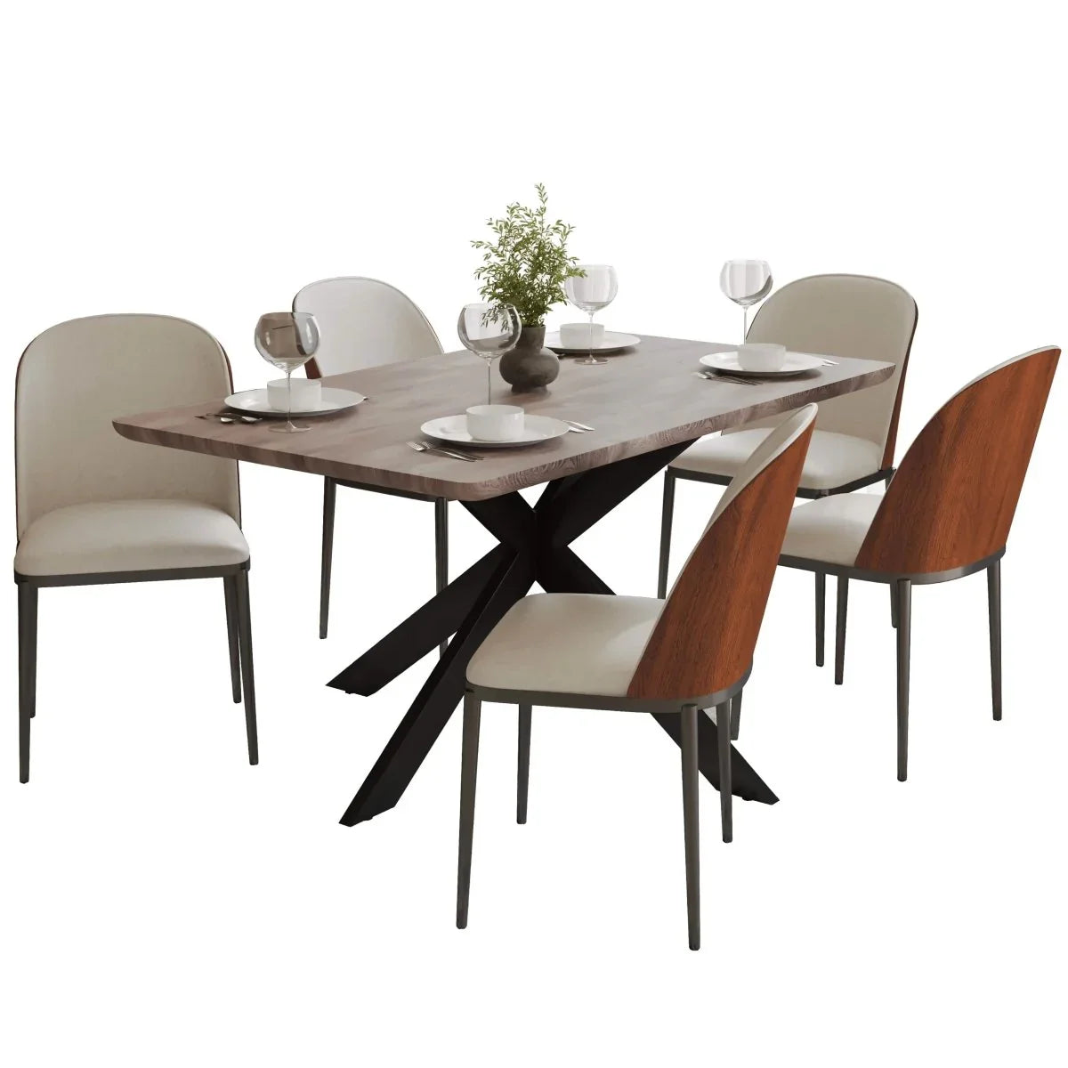 Ravenna 6-Piece Dining Set with 63" Rectangular Dining Table in Rustic Grey and 5 Leather Dining Chairs - Elax Furniture
