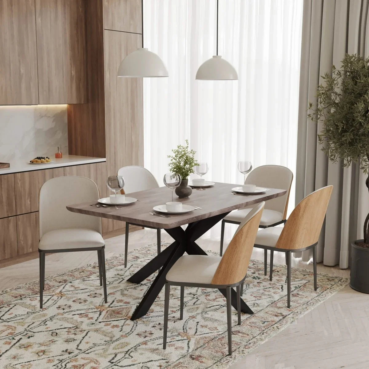 Ravenna 6-Piece Dining Set with 63" Rectangular Dining Table in Rustic Grey and 5 Leather Dining Chairs - Elax Furniture