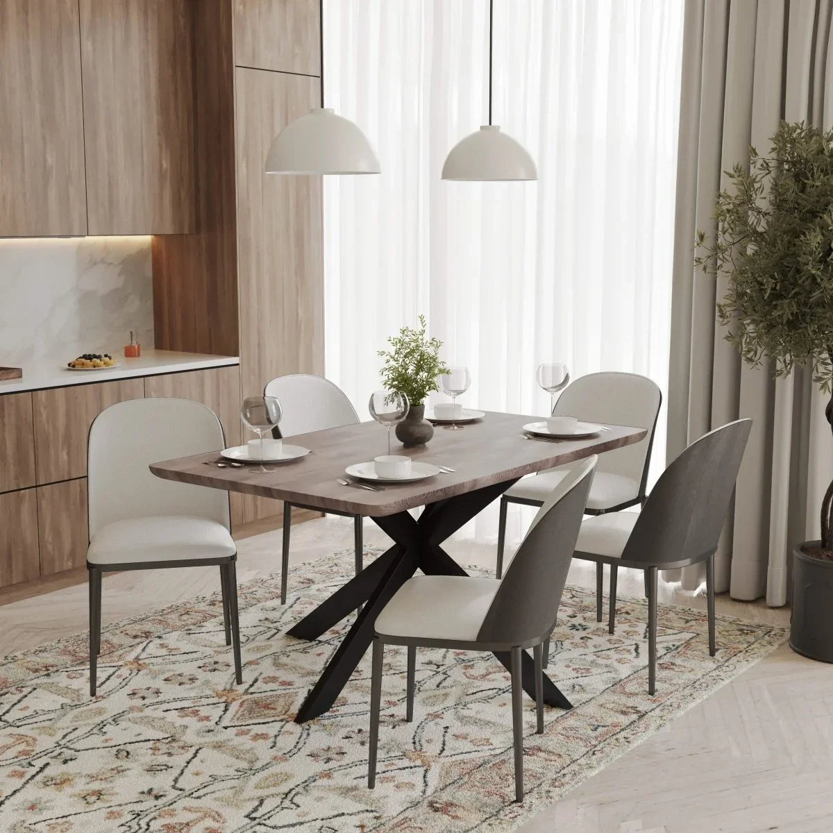 Ravenna 6-Piece Dining Set with 63" Rectangular Dining Table in Rustic Grey and 5 Leather Dining Chairs - Elax Furniture