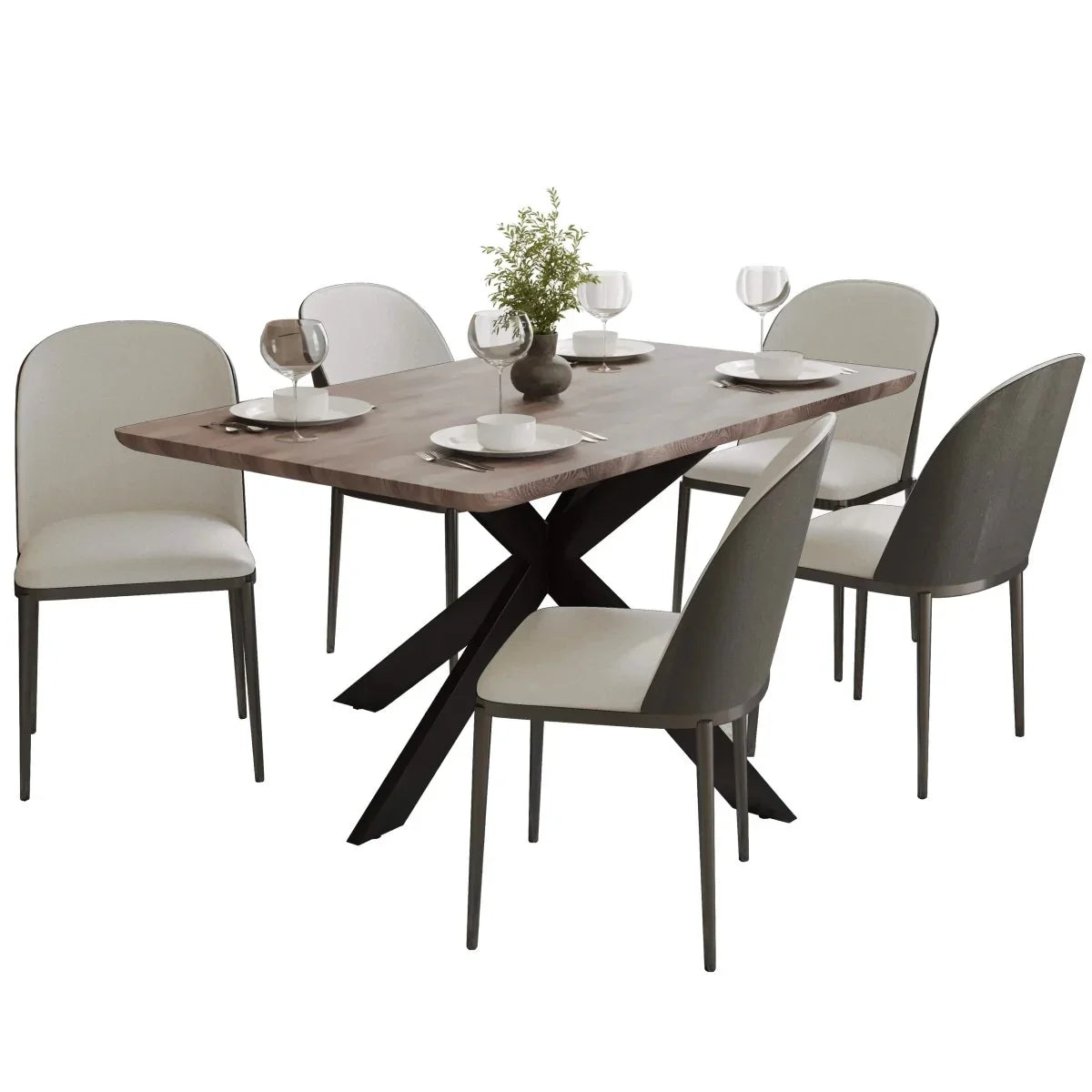 Ravenna 6-Piece Dining Set with 63" Rectangular Dining Table in Rustic Grey and 5 Leather Dining Chairs - Elax Furniture