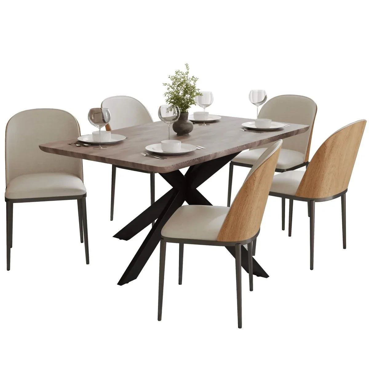 Ravenna 6-Piece Dining Set with 63" Rectangular Dining Table in Rustic Grey and 5 Leather Dining Chairs - Elax Furniture