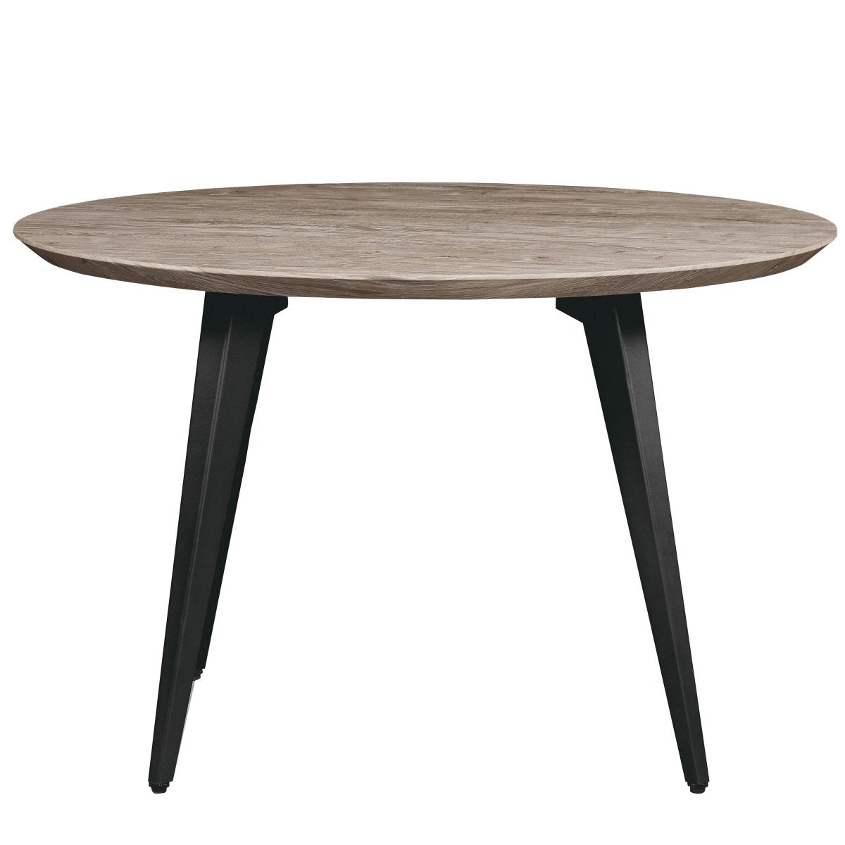 Ravenna Modern Round Wood 47" Dining Table With Metal Legs Weathered Oak Dining Table Leisuremod