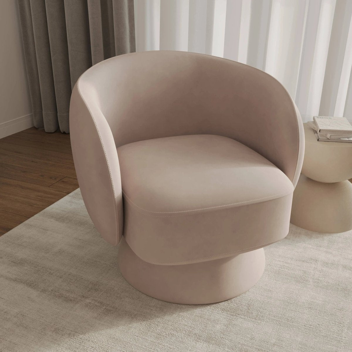 Raze Accent Chair Upholstered in Boucle/Linen/Velvet Armchair with Removable Round Base Beige Velvet Accent Chair Leisuremod