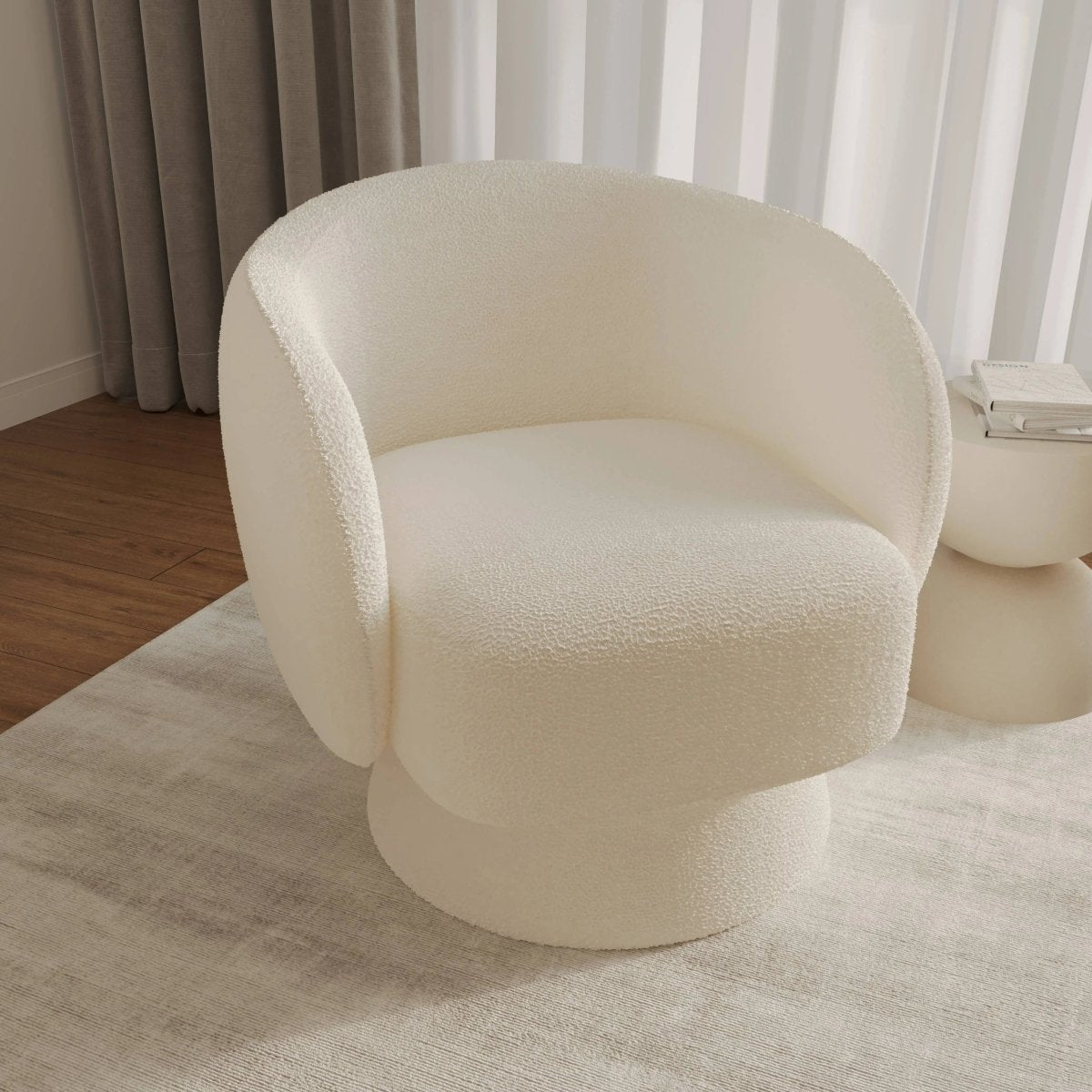 Raze Accent Chair Upholstered in Boucle/Linen/Velvet Armchair with Removable Round Base White Boucle Accent Chair Leisuremod