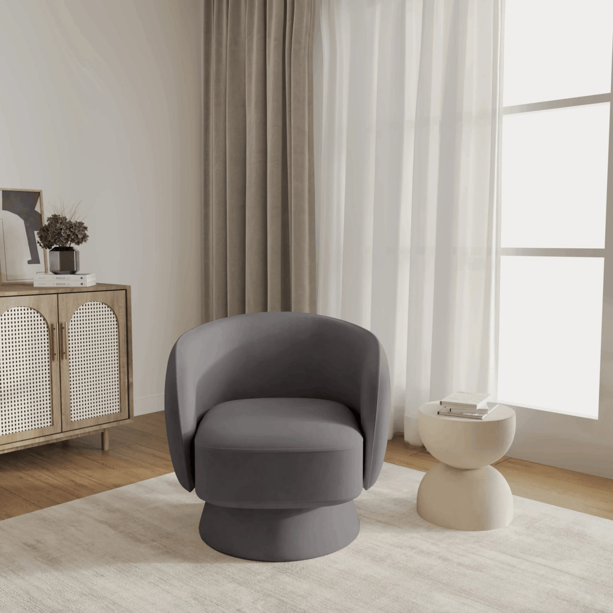 Raze Accent Chair Upholstered in Boucle/Linen/Velvet Armchair with Removable Round Base Light Grey Velvet Accent Chair Leisuremod