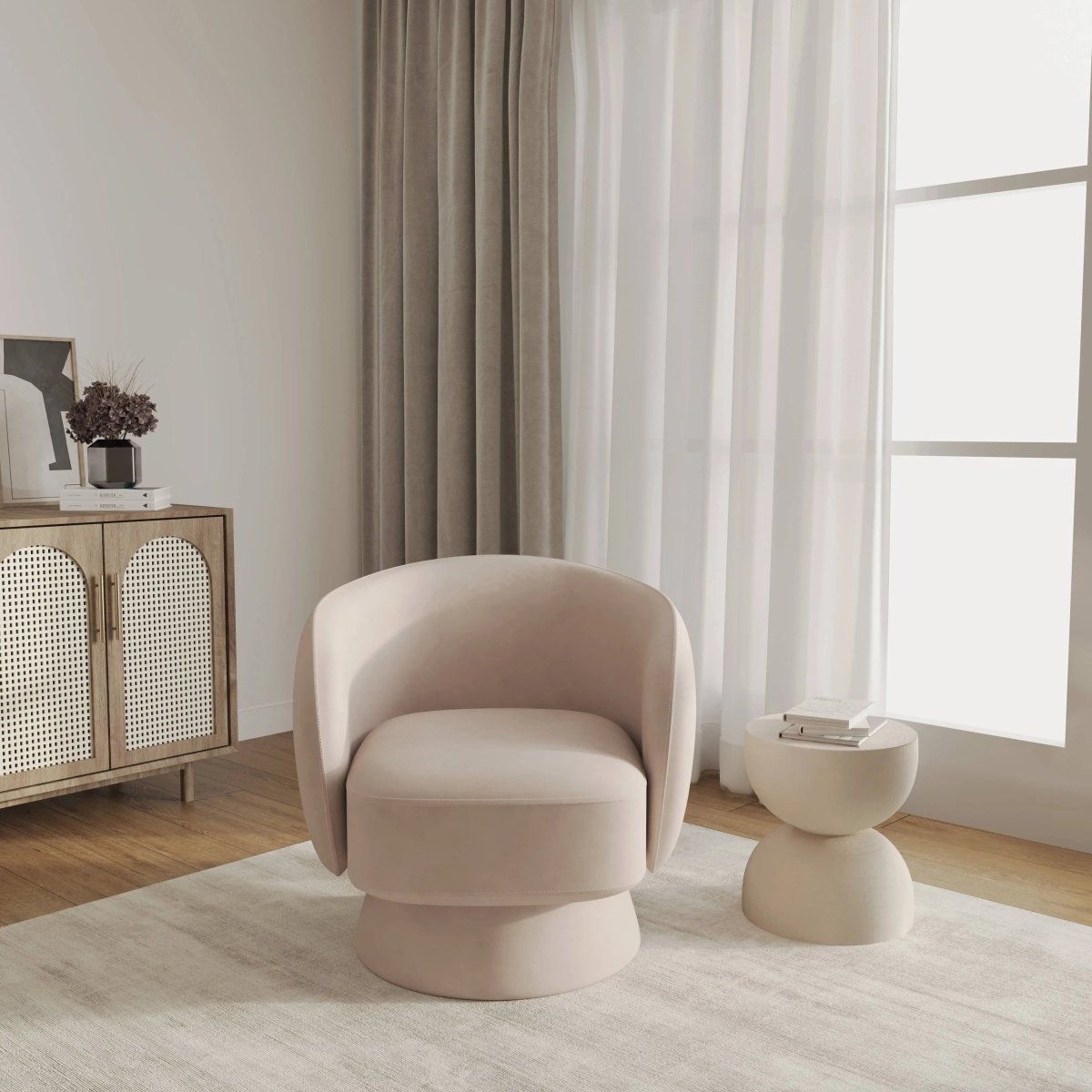 Raze Accent Chair Upholstered in Boucle/Linen/Velvet Armchair with Removable Round Base Beige Velvet Accent Chair Leisuremod
