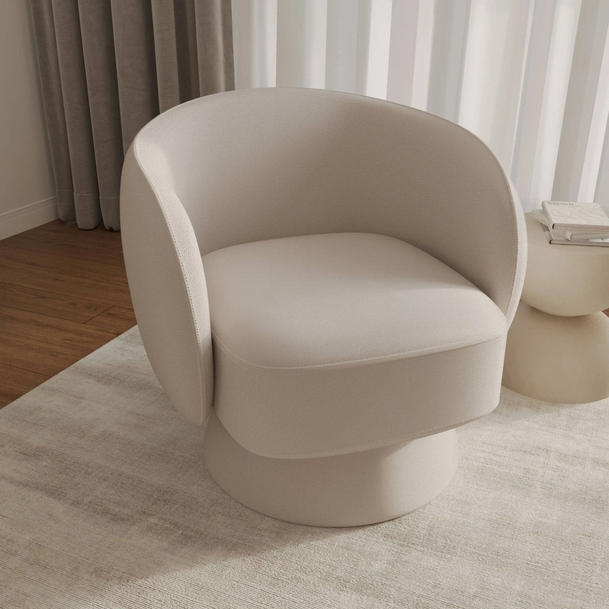 Raze Accent Chair Upholstered in Boucle/Linen/Velvet Armchair with Removable Round Base Oatmeal Linen Accent Chair Leisuremod