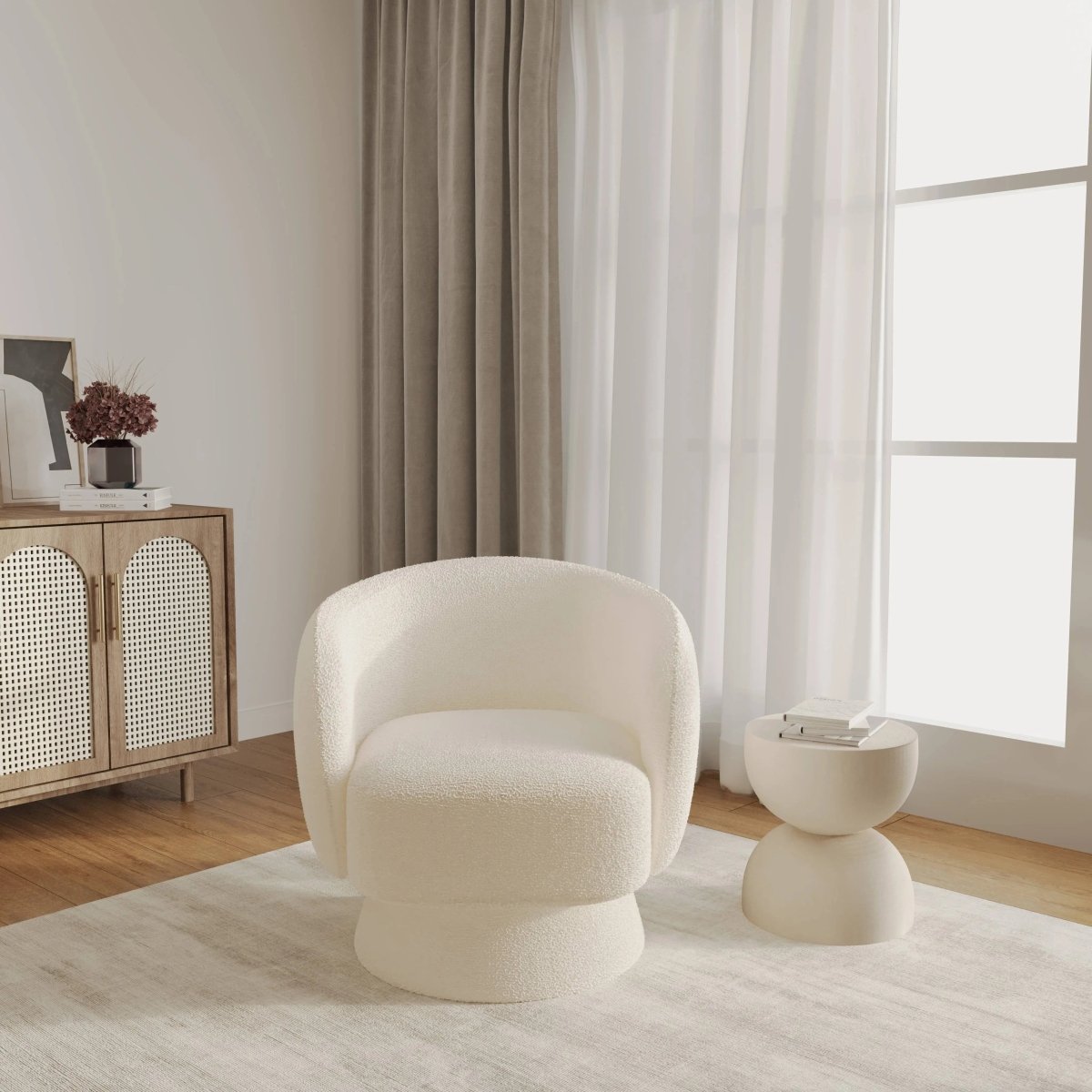 Raze Accent Chair Upholstered in Boucle/Linen/Velvet Armchair with Removable Round Base White Boucle Accent Chair Leisuremod