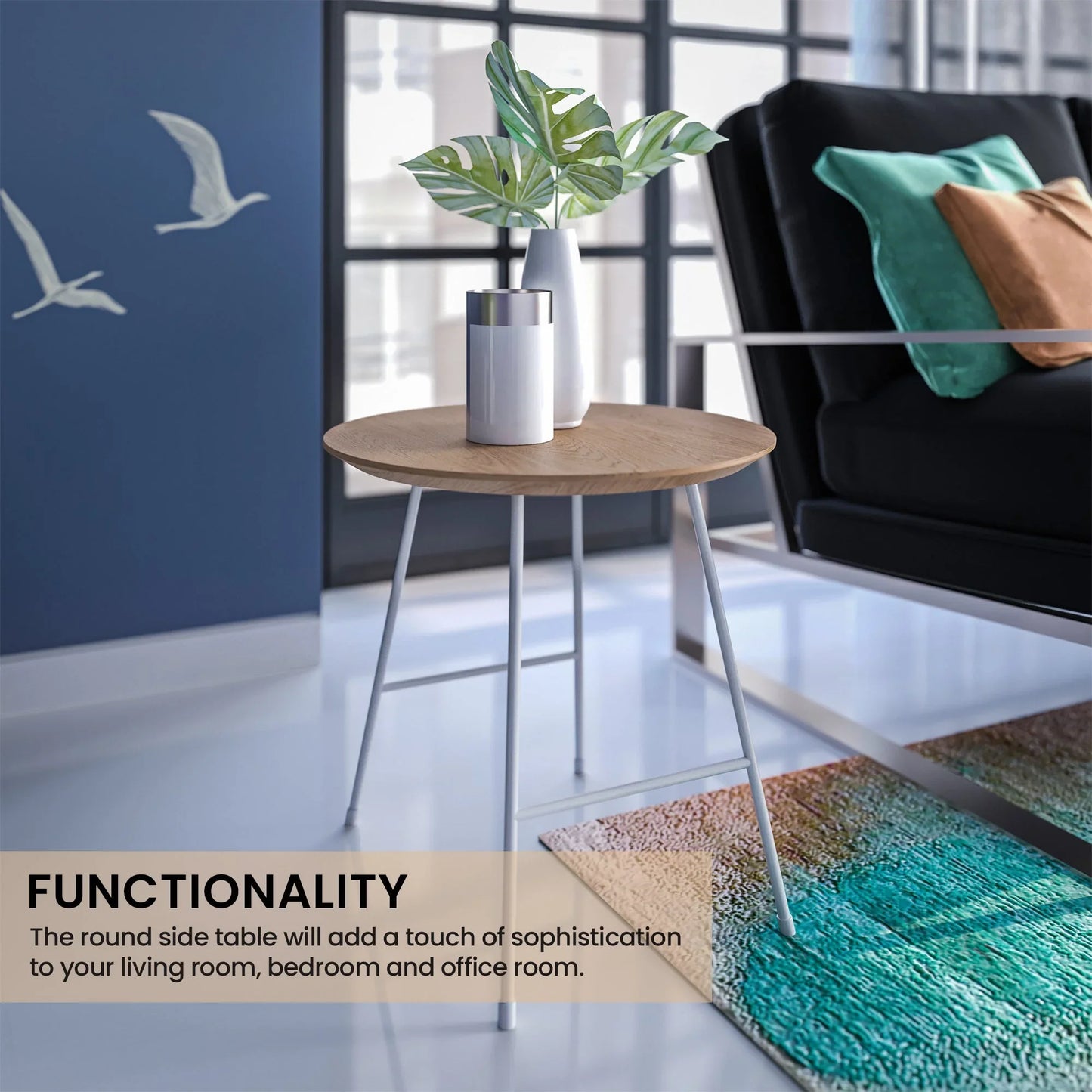 Rossmore Round Side Table with MDF Wood Tabletop in White Steel - Elax Furniture