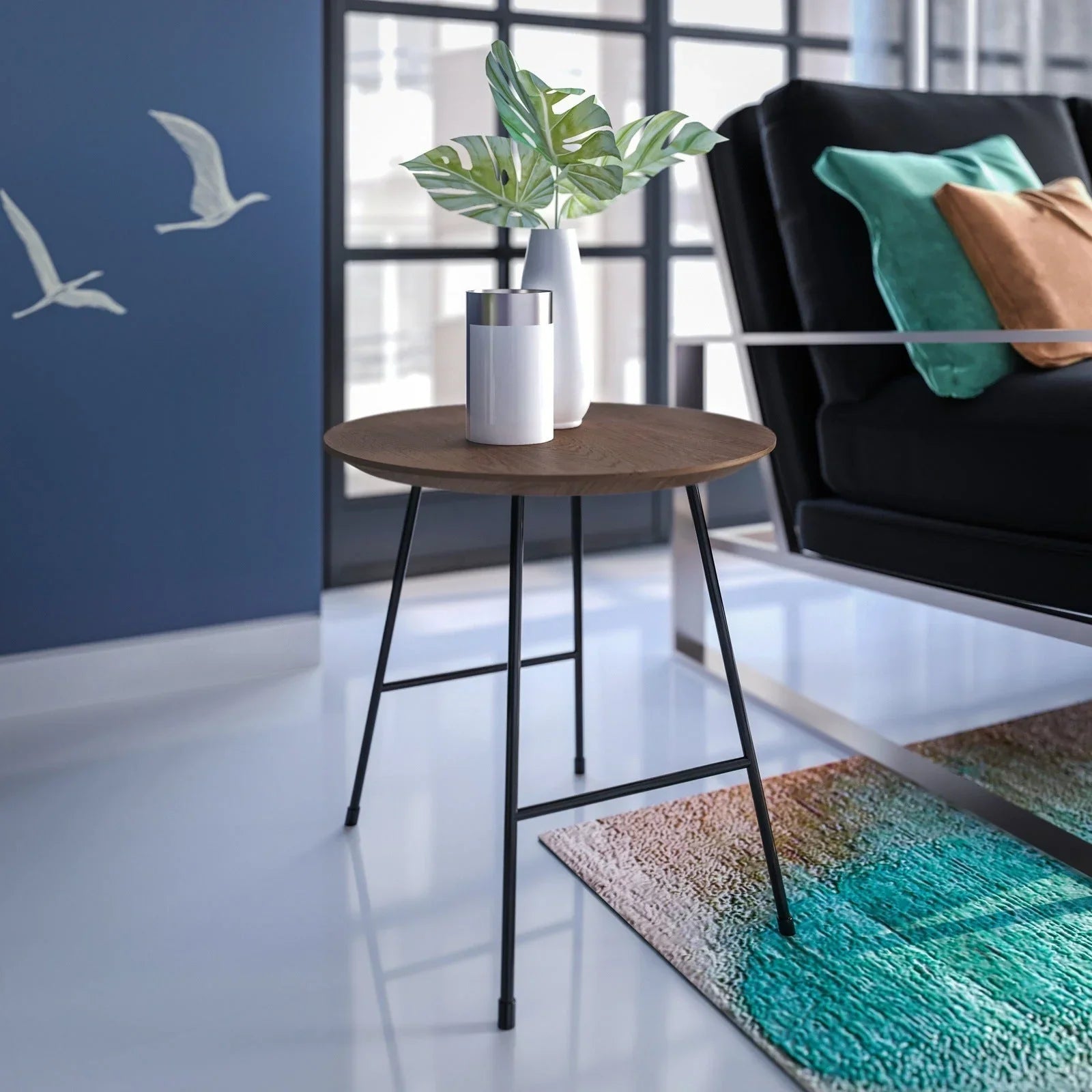 Rossmore Round Side Table with MDF Wood Tabletop in Black Steel - Elax Furniture