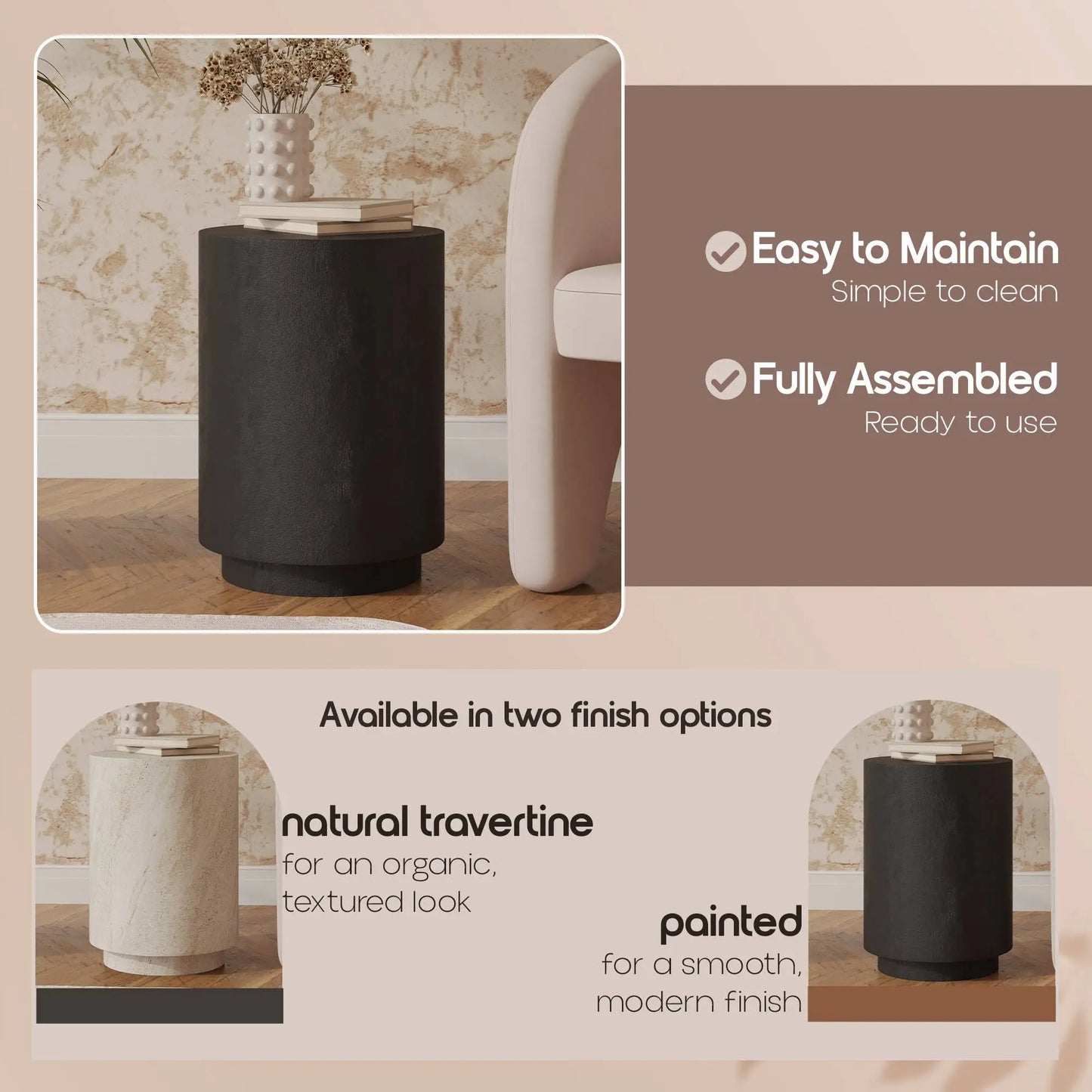 LeisureMod Ramble 14" Wide Round Side Table – Modern Fiberstone Accent End Table for Indoor or Outdoor Use, Weather-Resistant for Patio, Balcony, or Living Room