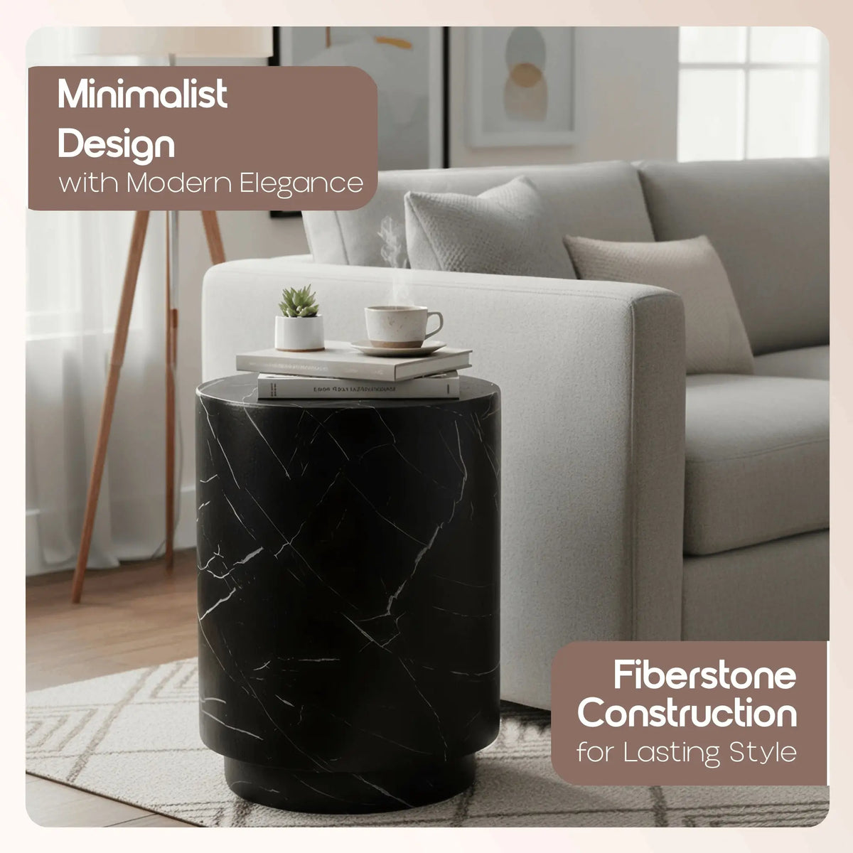 LeisureMod Ramble 14" Wide Round Side Table – Modern Fiberstone Accent End Table for Indoor or Outdoor Use, Weather-Resistant for Patio, Balcony, or Living Room