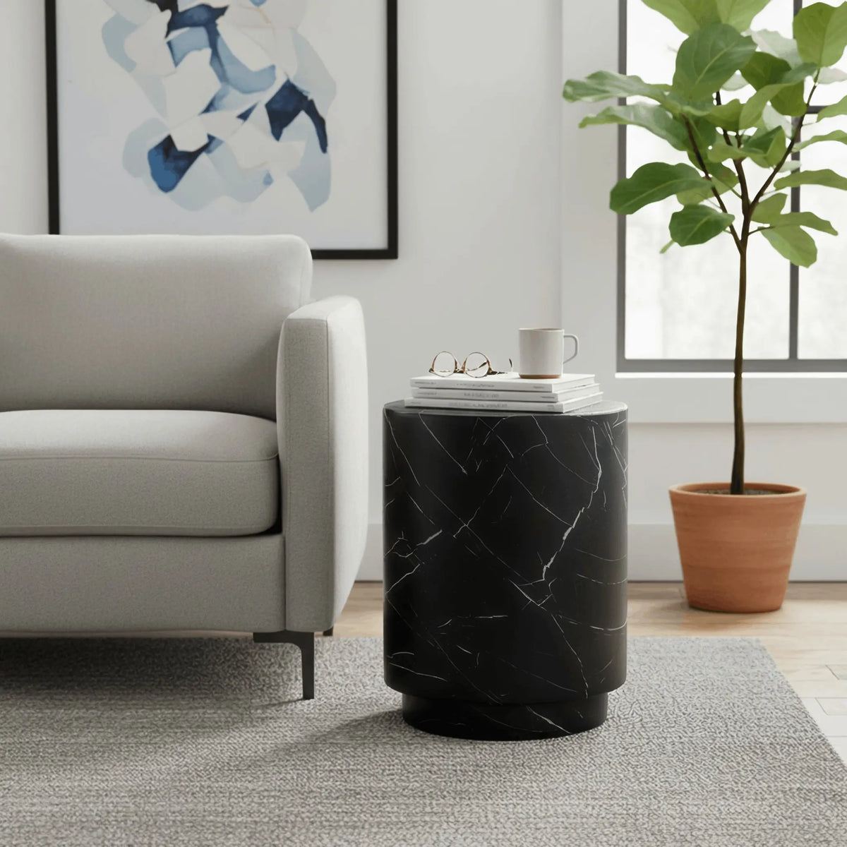LeisureMod Ramble 14" Wide Round Side Table – Modern Fiberstone Accent End Table for Indoor or Outdoor Use, Weather-Resistant for Patio, Balcony, or Living Room