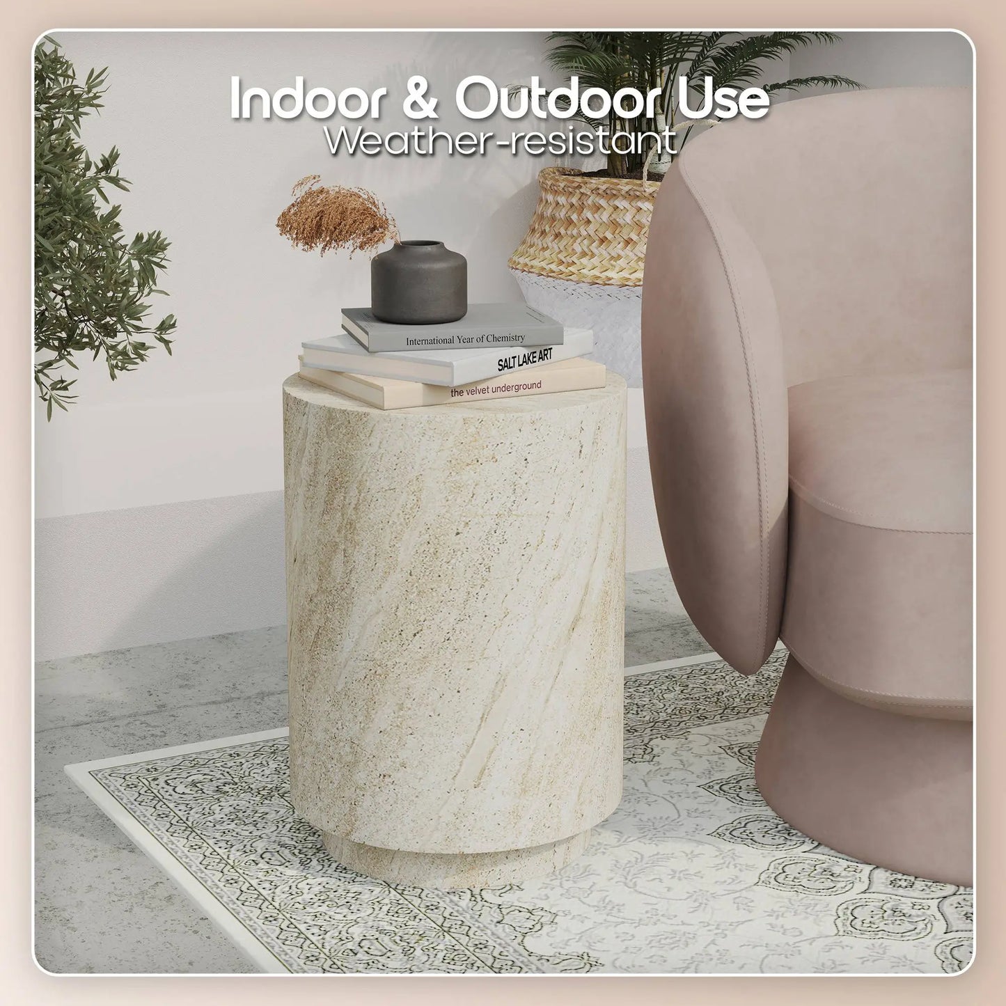 LeisureMod Ramble 14" Wide Round Side Table – Modern Fiberstone Accent End Table for Indoor or Outdoor Use, Weather-Resistant for Patio, Balcony, or Living Room