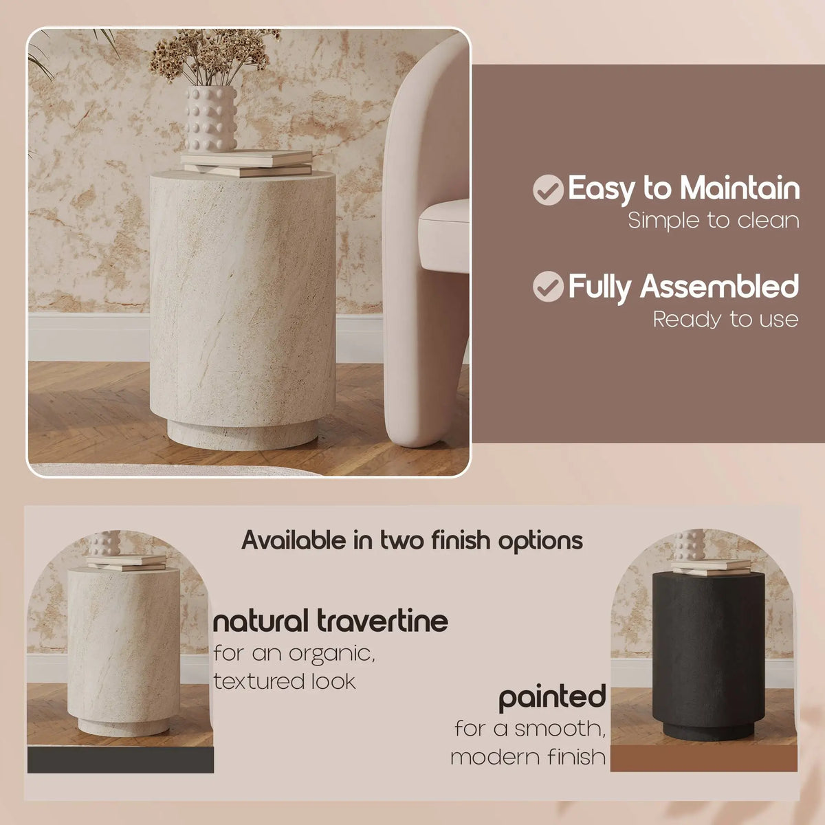 LeisureMod Ramble 14" Wide Round Side Table – Modern Fiberstone Accent End Table for Indoor or Outdoor Use, Weather-Resistant for Patio, Balcony, or Living Room