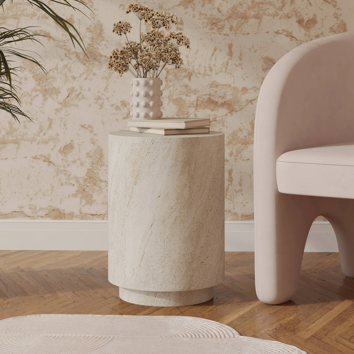 LeisureMod Ramble 14" Wide Round Side Table – Modern Fiberstone Accent End Table for Indoor or Outdoor Use, Weather-Resistant for Patio, Balcony, or Living Room