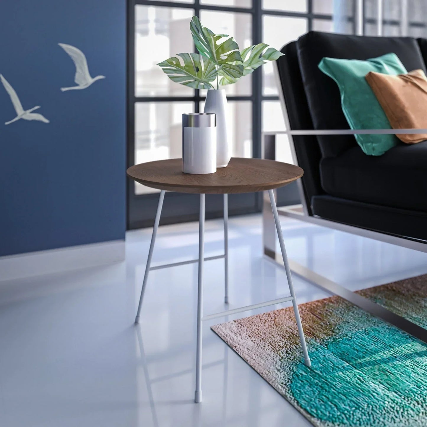 Rossmore Round Side Table with MDF Wood Tabletop in White Steel - Elax Furniture