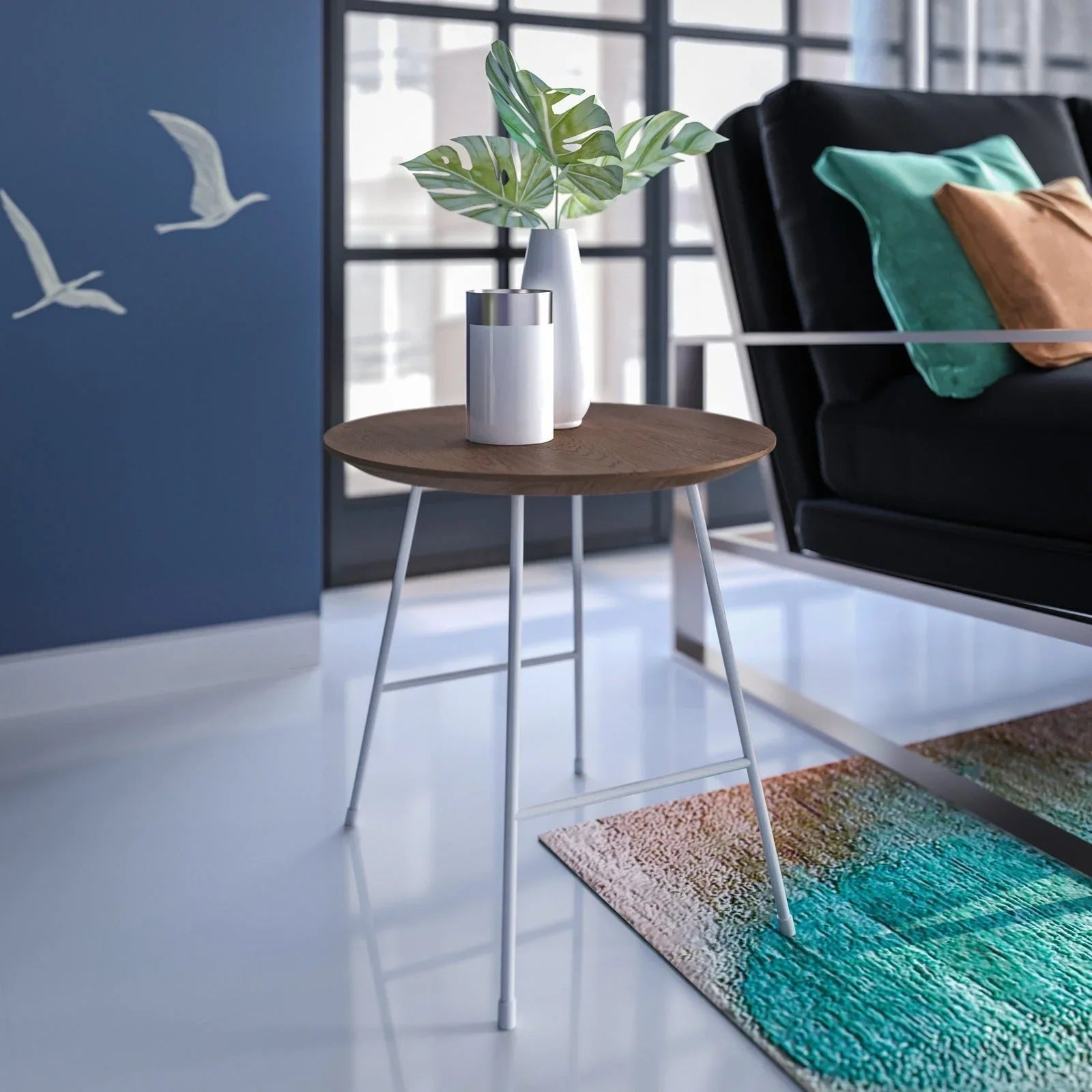 Rossmore Round Side Table with MDF Wood Tabletop in White Steel - Elax Furniture