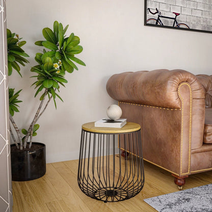 Runswick Round End Table Wood Tabletop With Steel Drum Base for Storage - Elax Furniture