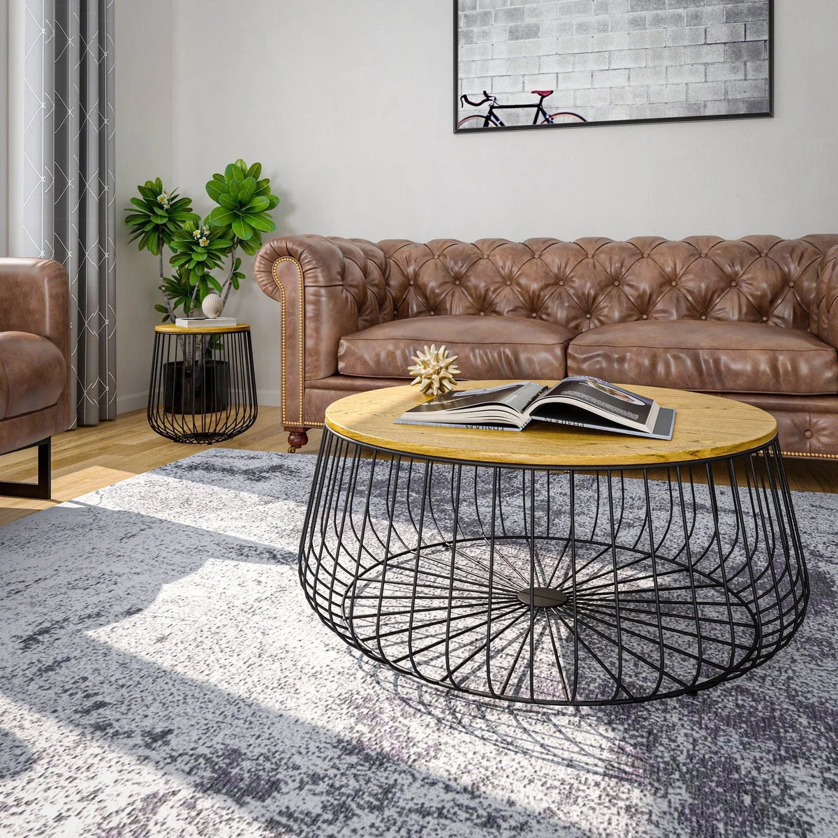 Runswick Round End Table Wood Tabletop With Steel Drum Base for Storage - Elax Furniture