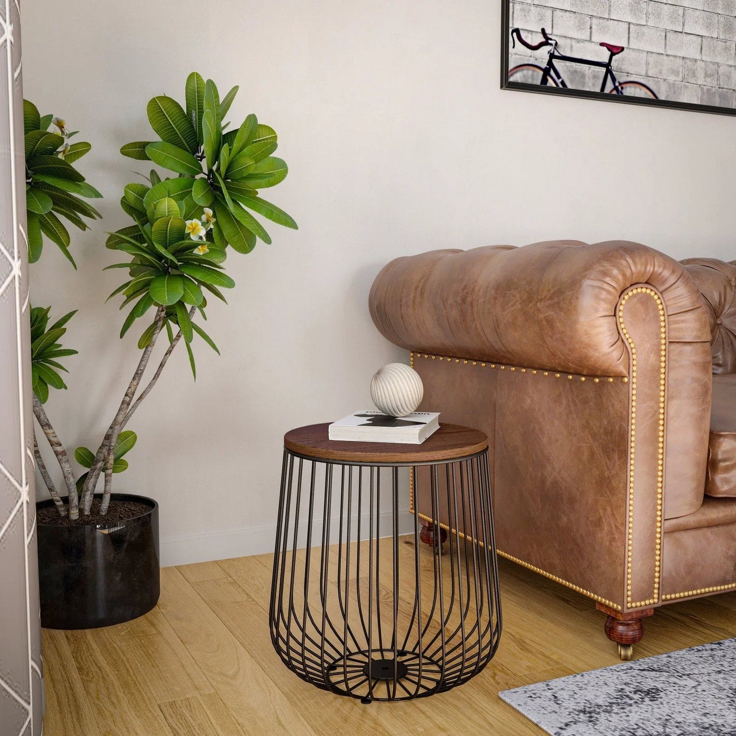 Runswick Round End Table Wood Tabletop With Steel Drum Base for Storage - Elax Furniture