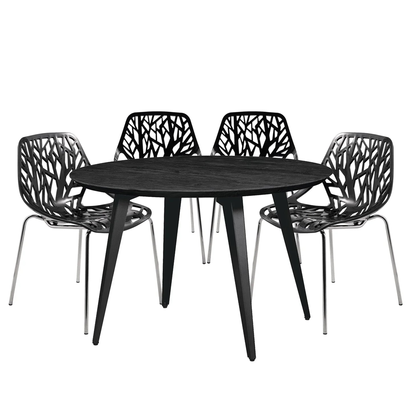 Ravenna 5-Piece Dining Set: 4 Stackable Plastic Chairs & Round Wood Table, Metal Base - Elax Furniture