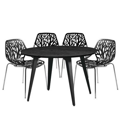 Ravenna 5-Piece Dining Set: 4 Stackable Plastic Chairs & Round Wood Table, Metal Base - Elax Furniture