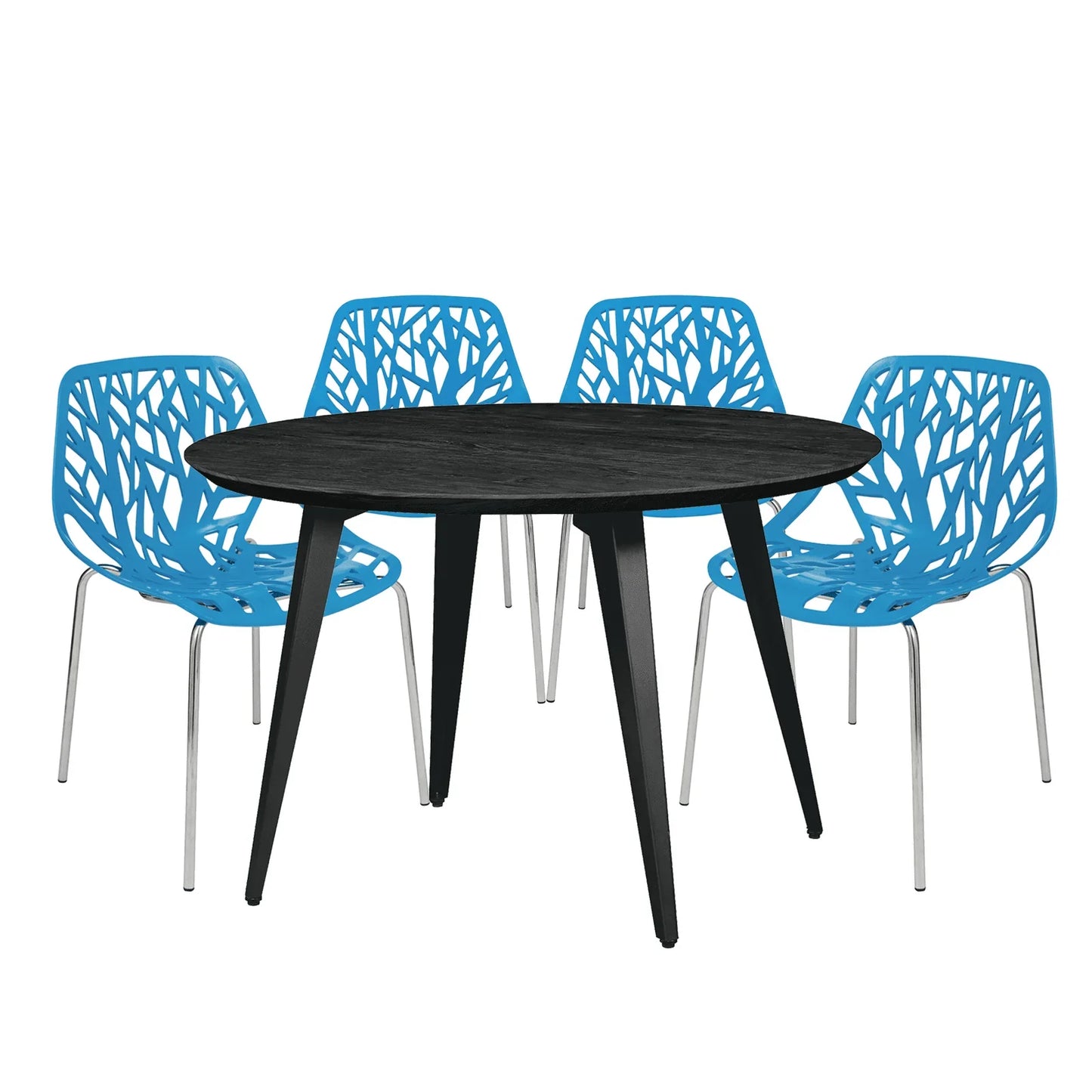 Ravenna 5-Piece Dining Set: 4 Stackable Plastic Chairs & Round Wood Table, Metal Base - Elax Furniture