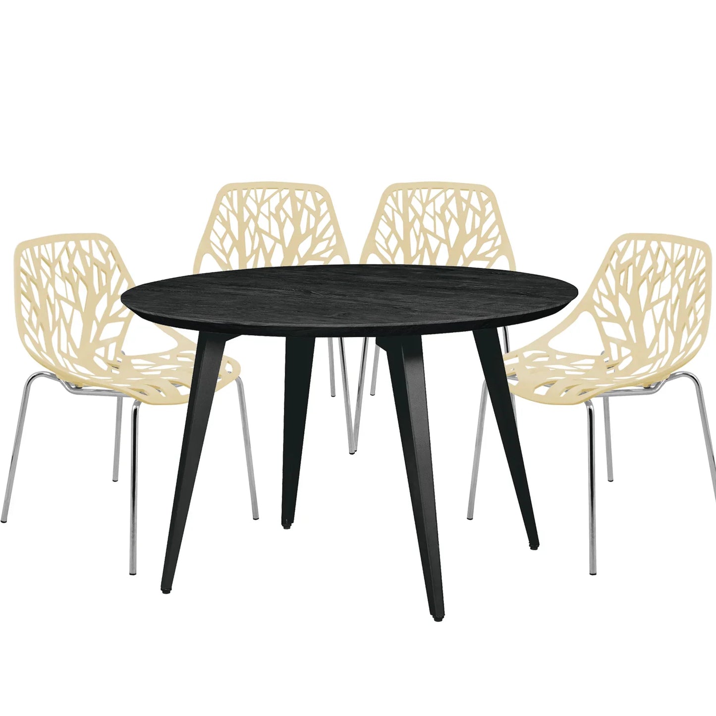 Ravenna 5-Piece Dining Set: 4 Stackable Plastic Chairs & Round Wood Table, Metal Base - Elax Furniture