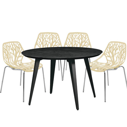 Ravenna 5-Piece Dining Set: 4 Stackable Plastic Chairs & Round Wood Table, Metal Base - Elax Furniture